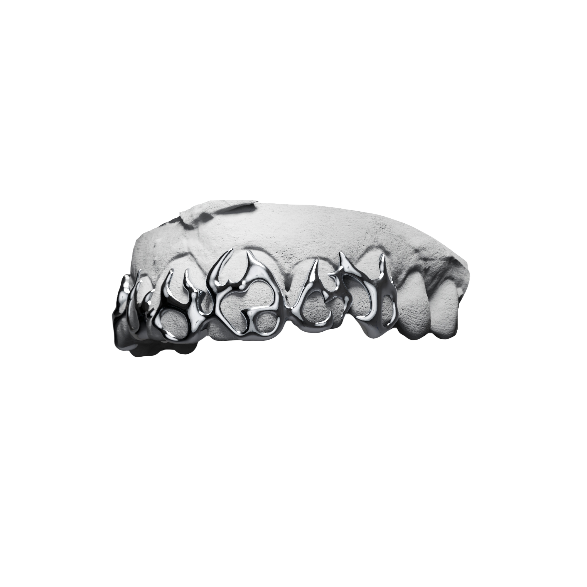 Grillz Full Liquid Tribal – arcade complète en flammes tribales coulées, argent, vue 3/4