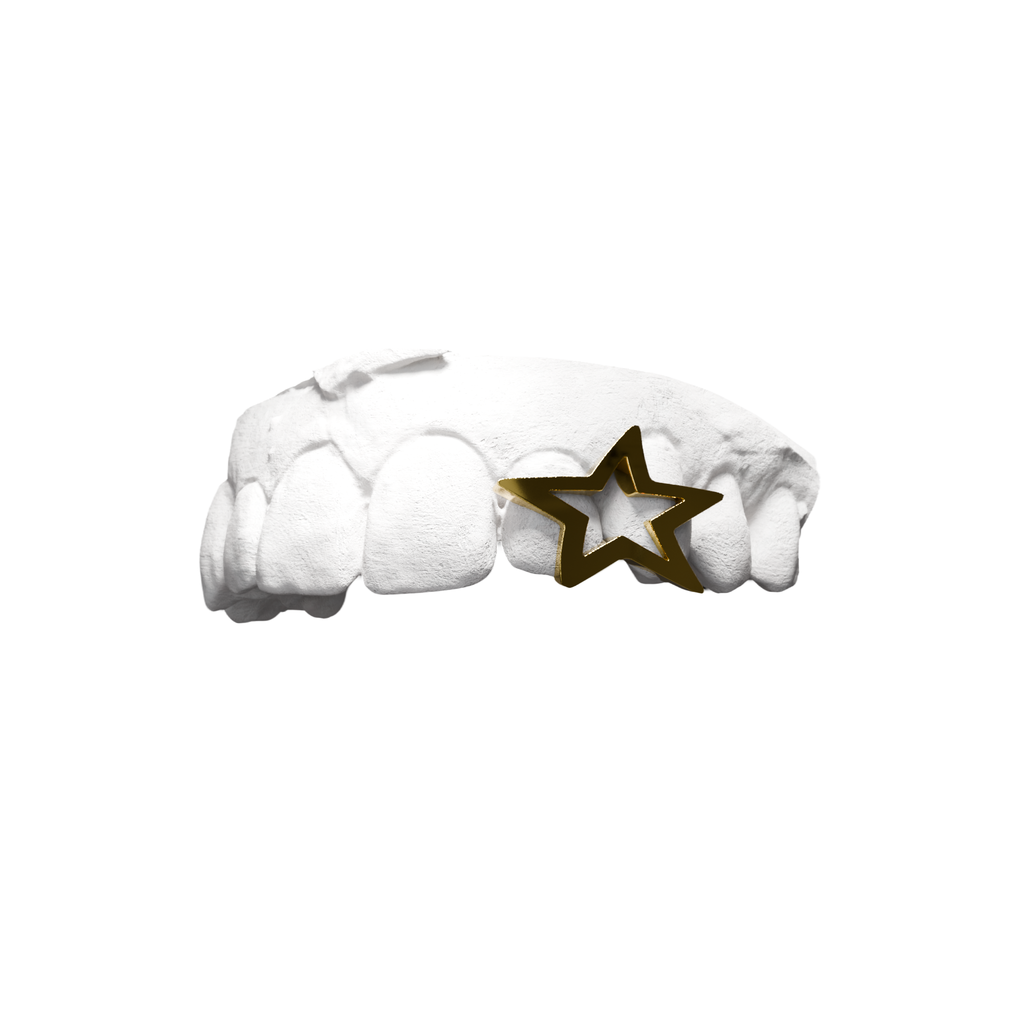 Grillz All Star – grande étoile 5 branches étirée sur deux dents, or, vue 3/4