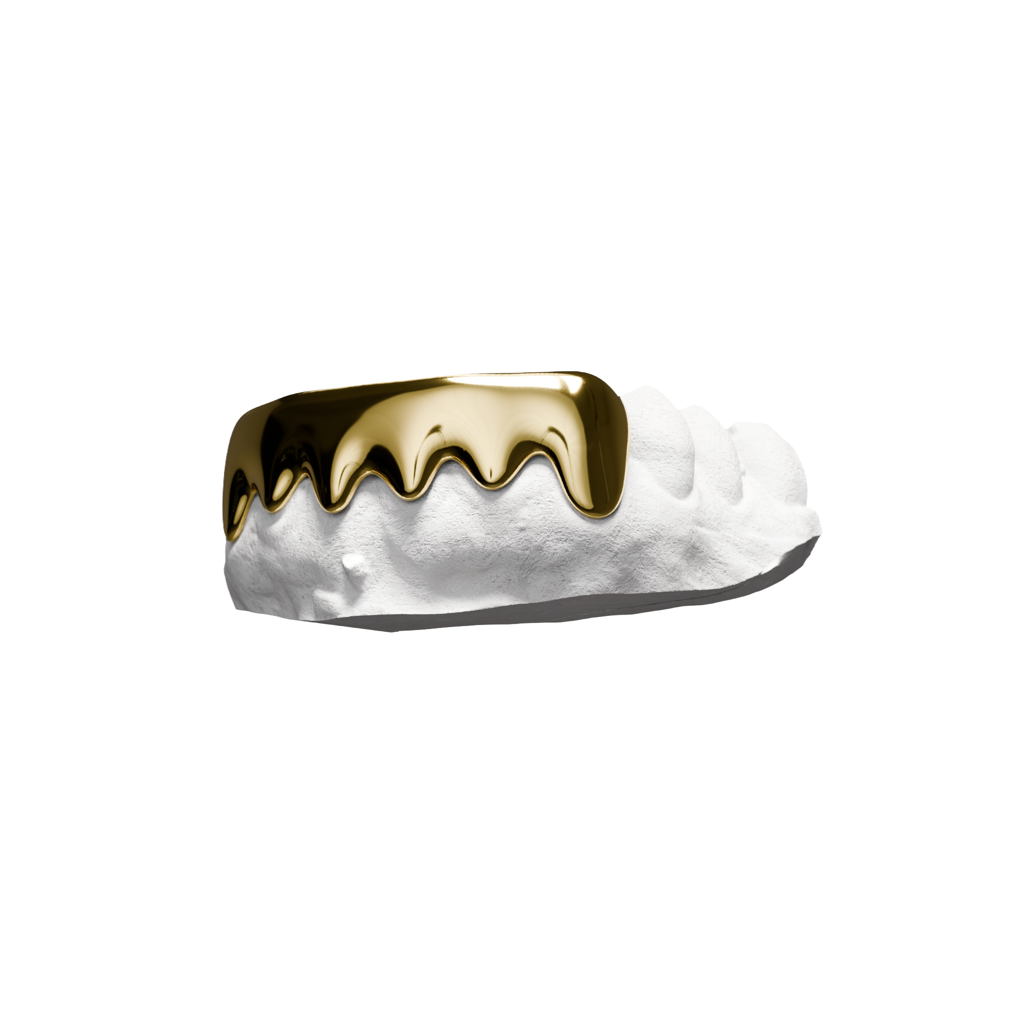 Grillz Blok – six dents recouvertes d'un bloc continu, effet drip or, vue 3/4