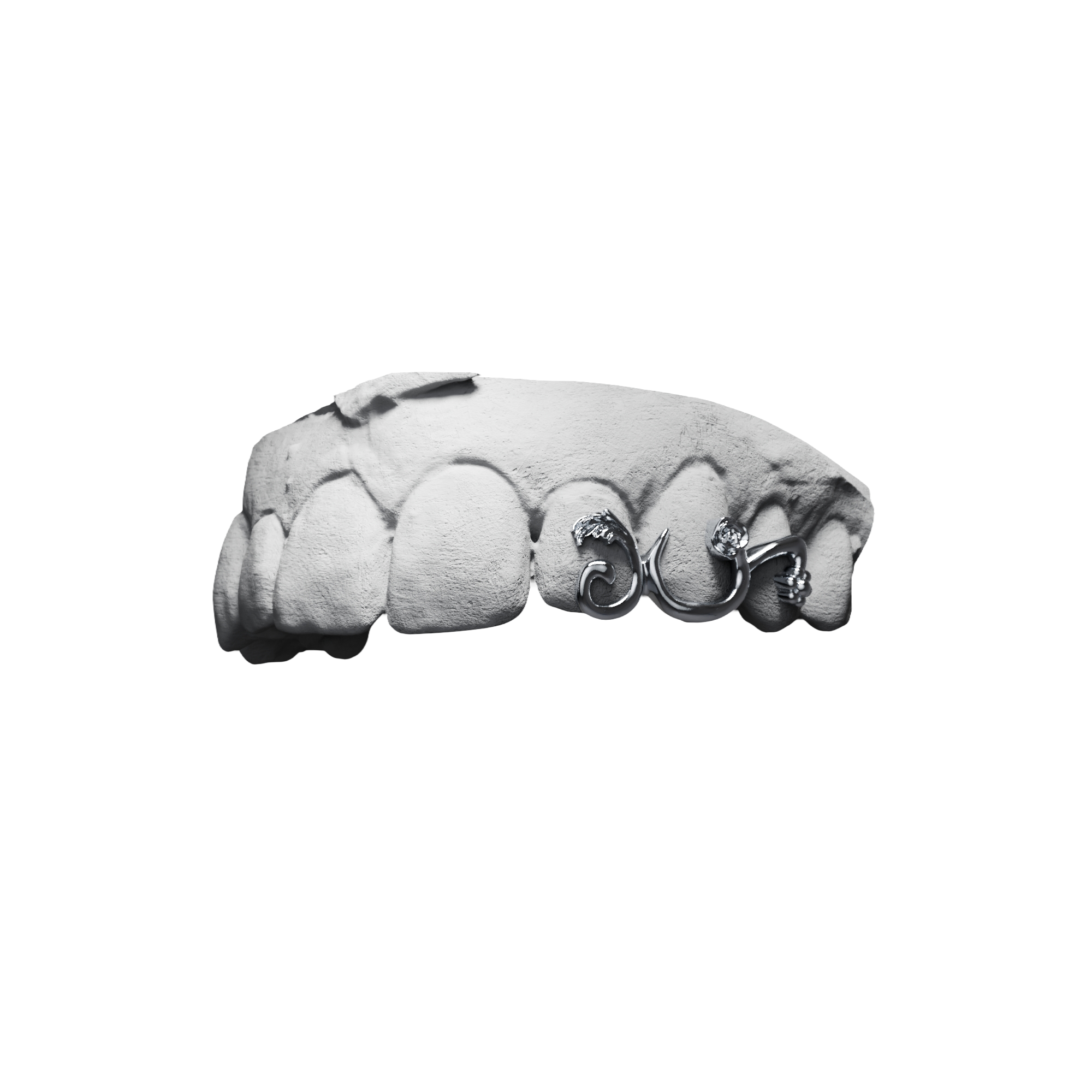 Grillz Branches Fleuries – branches et fleurs ciselées sur plusieurs dents, argent, vue 3/4