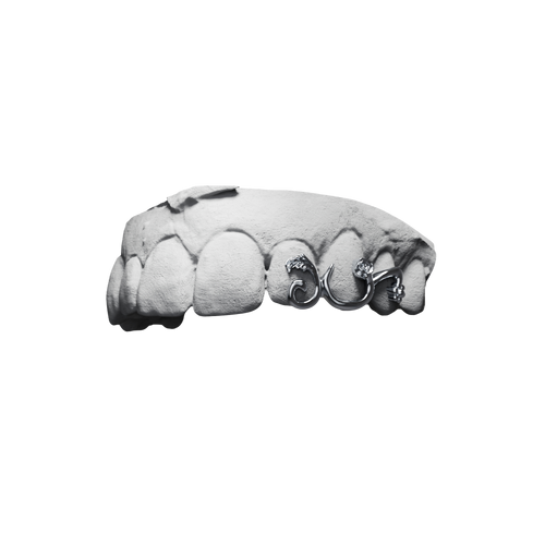 Grillz Branches Fleuries – branches et fleurs ciselées sur plusieurs dents, argent, vue 3/4