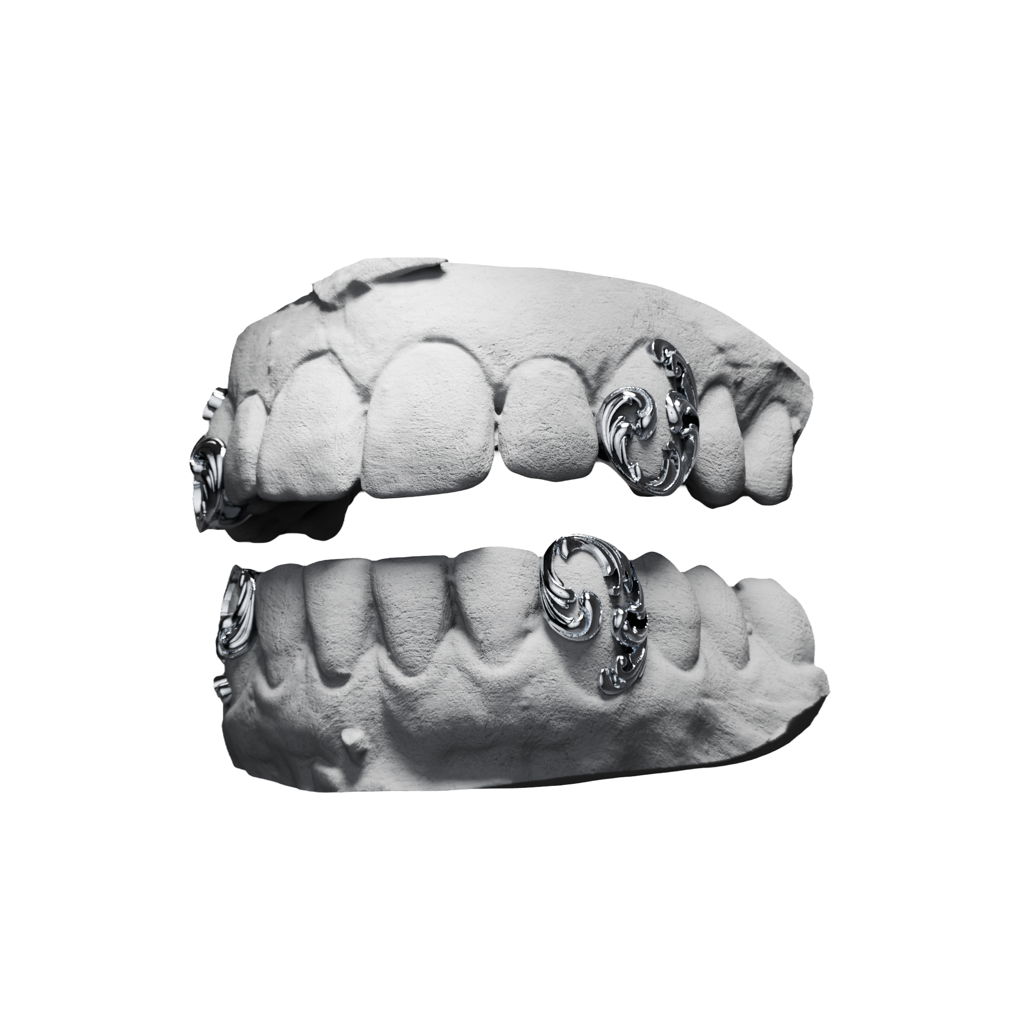 Grillz Canines Arabesques – canines ciselées en motif arabesques, argent, vue 3/4
