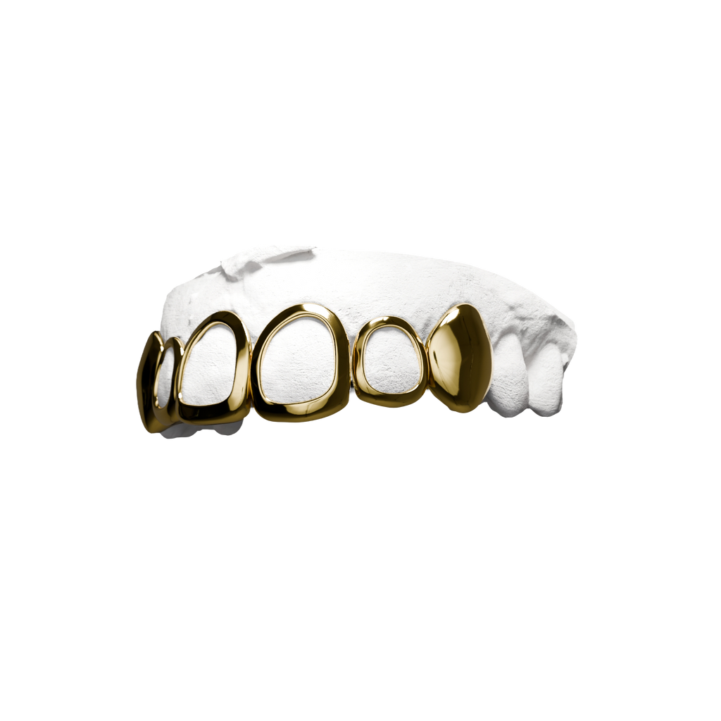 Grillz Canines Pleines + Fenêtres – combo 6 dents, canines pleines et fenêtres, or, vue 3/4