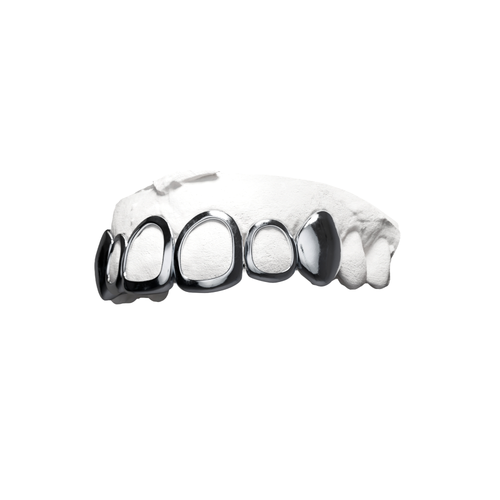 Grillz Canines Pleines + Fenêtres – combo 6 dents, canines pleines et fenêtres, argent, vue 3/4