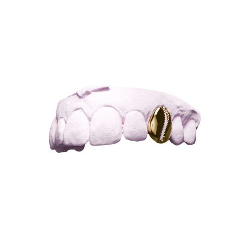 Grillz Cauri – dent pleine sculptée en coquillage cauri, or, vue 3/4