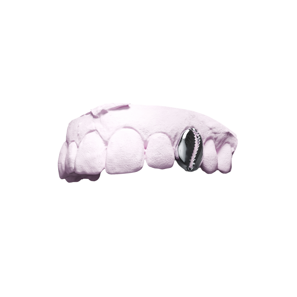 Grillz Cauri – dent pleine sculptée en coquillage cauri, argent, vue 3/4
