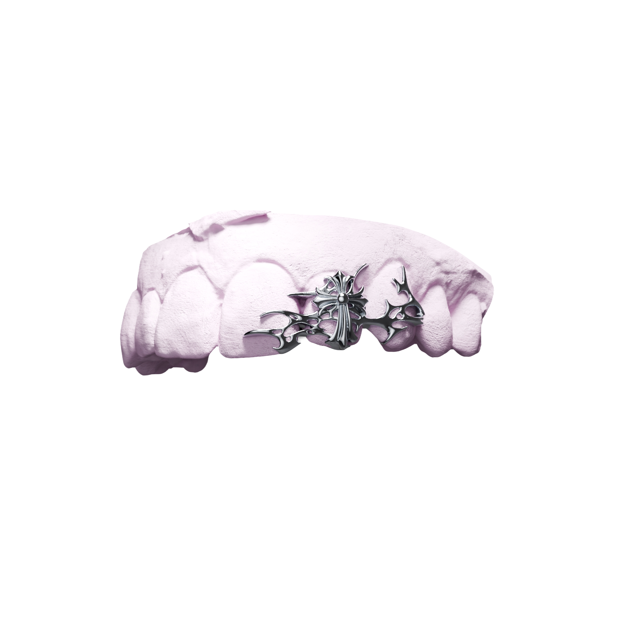 Grillz Croix Chrome Fusion – croix dans structure tribale sur 3 dents, argent, vue 3/4