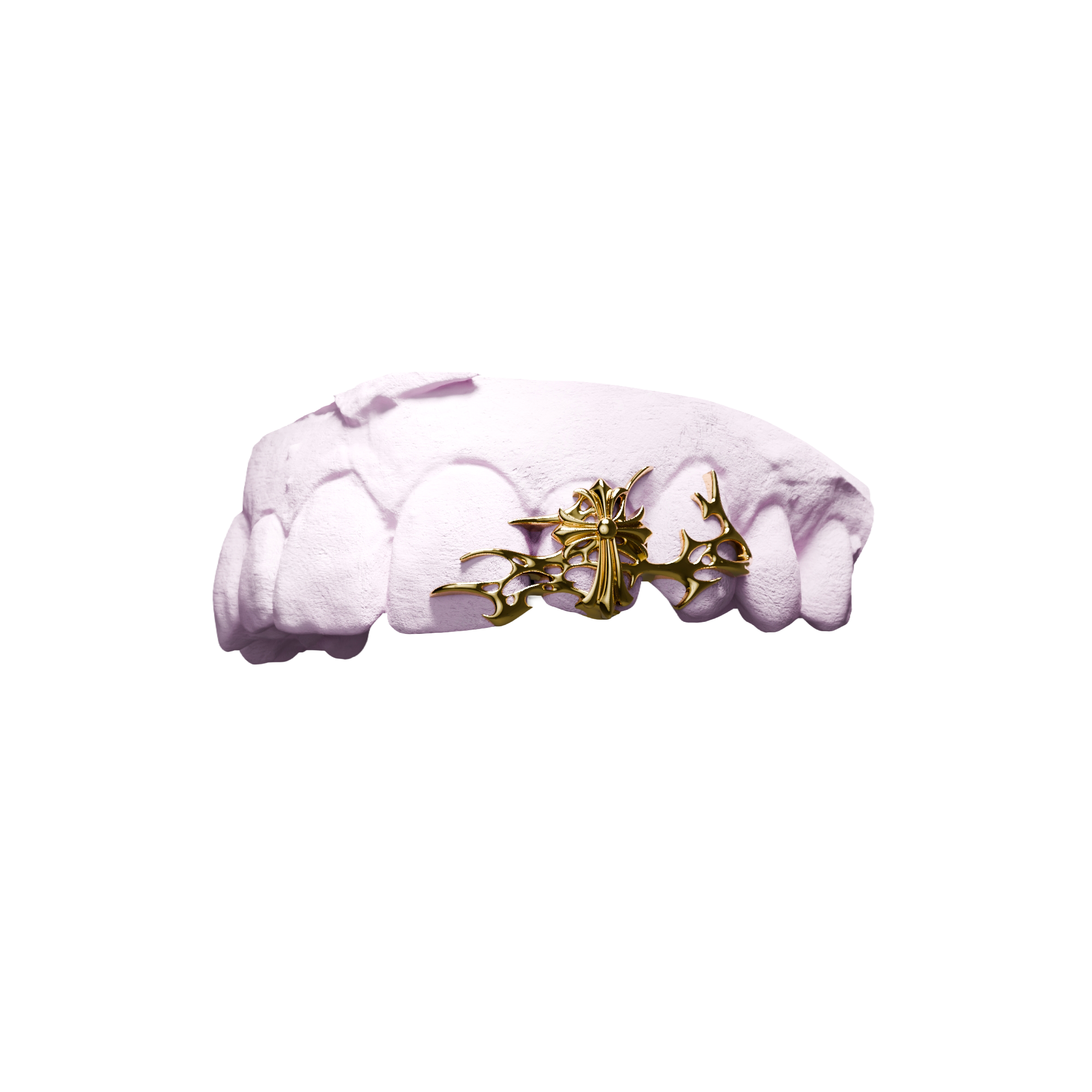 Grillz Croix Chrome Fusion – croix dans structure tribale sur 3 dents, or, vue 3/4