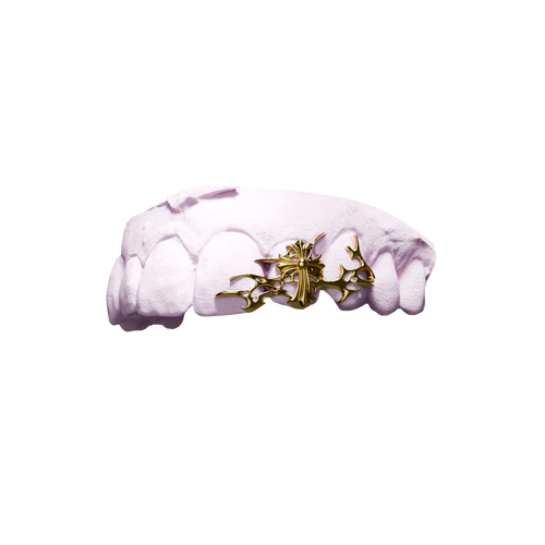 Grillz Croix Chrome Fusion – croix dans structure tribale sur 3 dents, or, vue 3/4