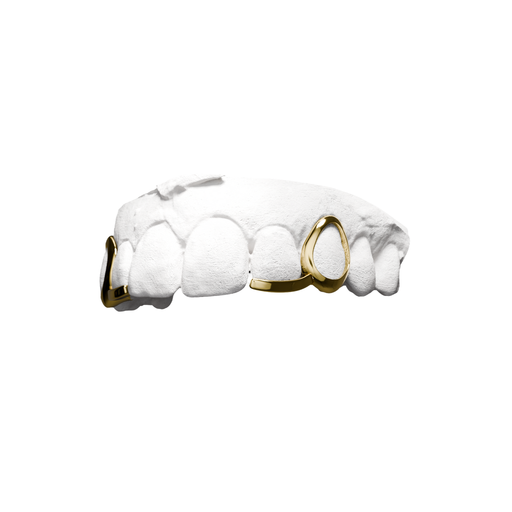 Grillz Double Jorja – fenêtre et barre des deux côtés, or, vue 3/4