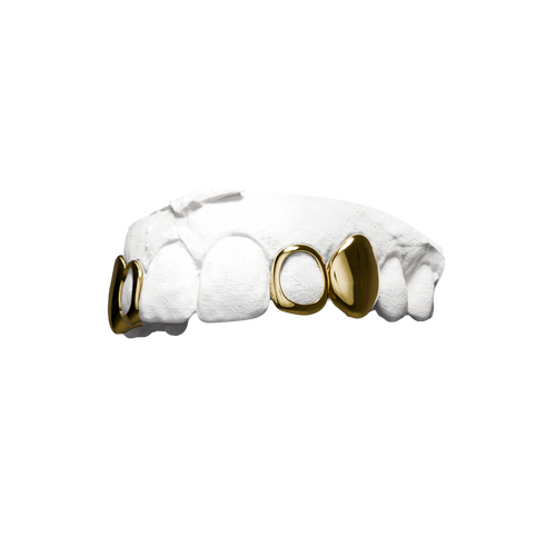 Grillz Double Pleine Fenêtre – version symétrique 4 dents, or, vue 3/4