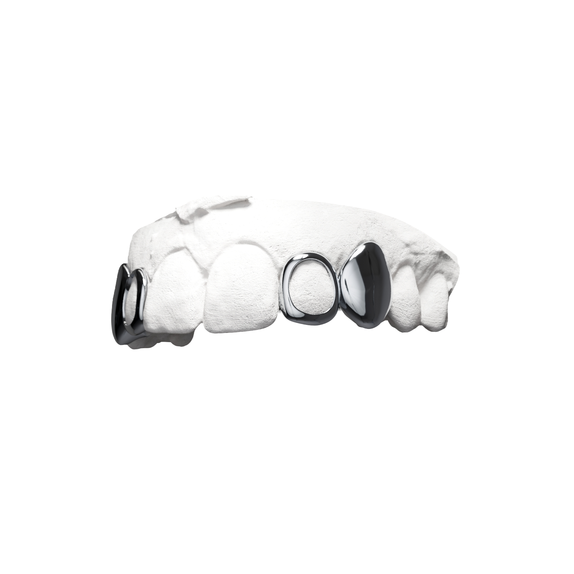 Grillz Double Pleine Fenêtre – version symétrique 4 dents, argent, vue 3/4