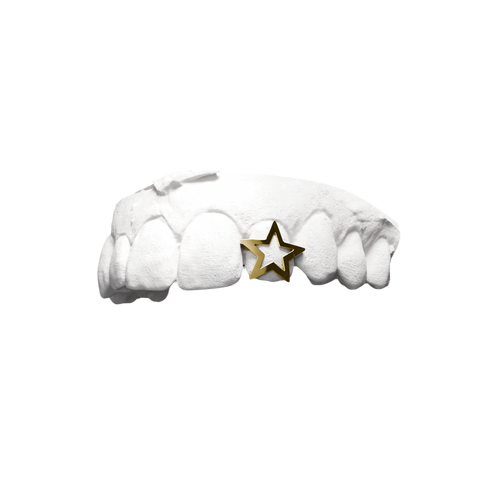 Grillz Étoile 1 Dent – étoile posée seule sur une dent, or, vue 3/4