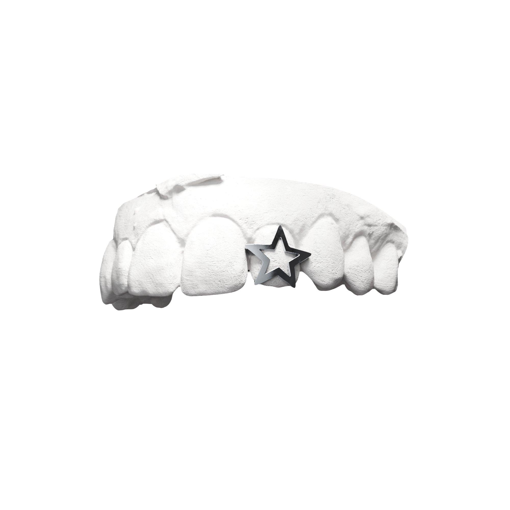 Grillz Étoile 1 Dent – étoile posée seule sur une dent, argent, vue 3/4