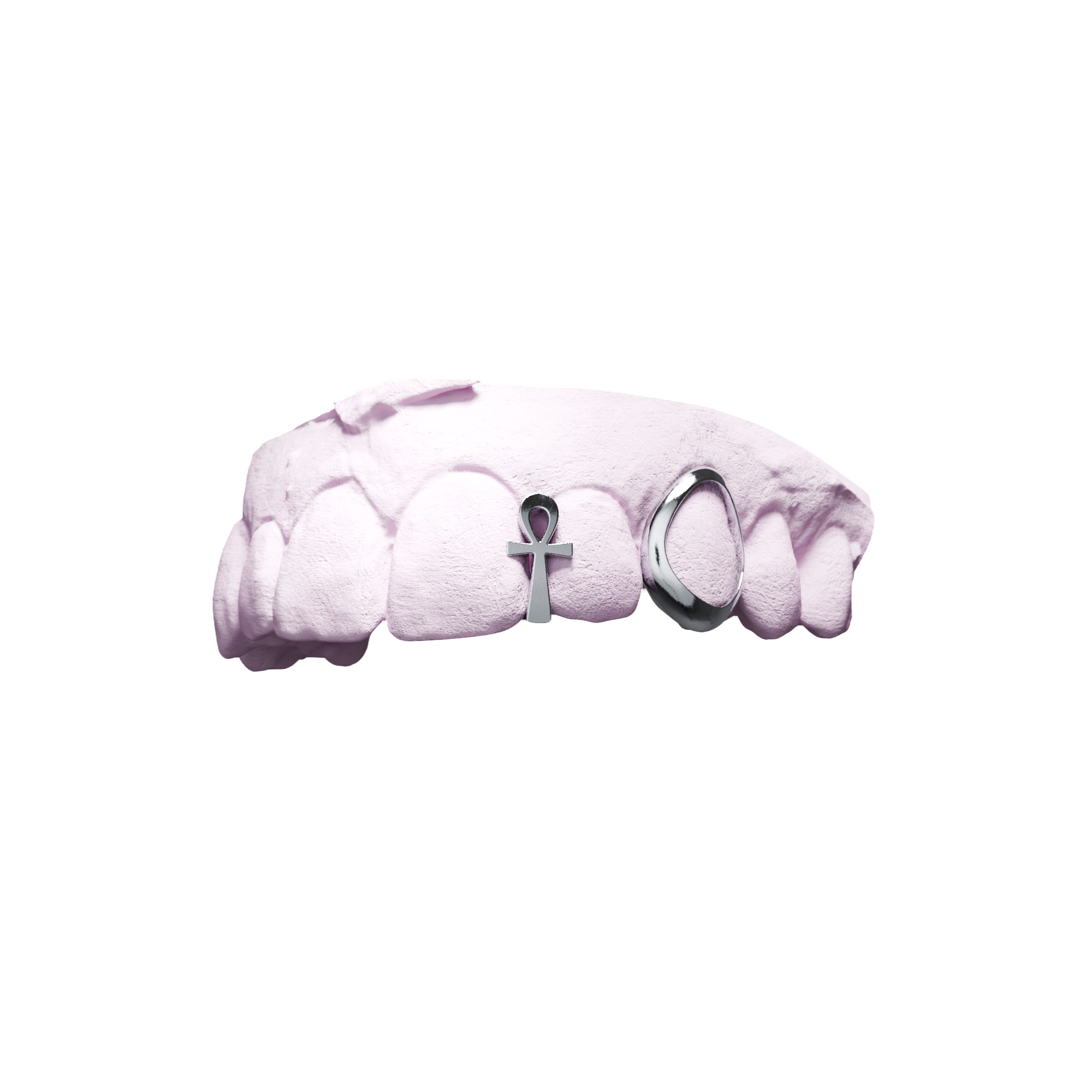 Grillz Fenêtre + Interstice Ankh – fenêtre avec ankh posée en interstice, argent, vue 3/4