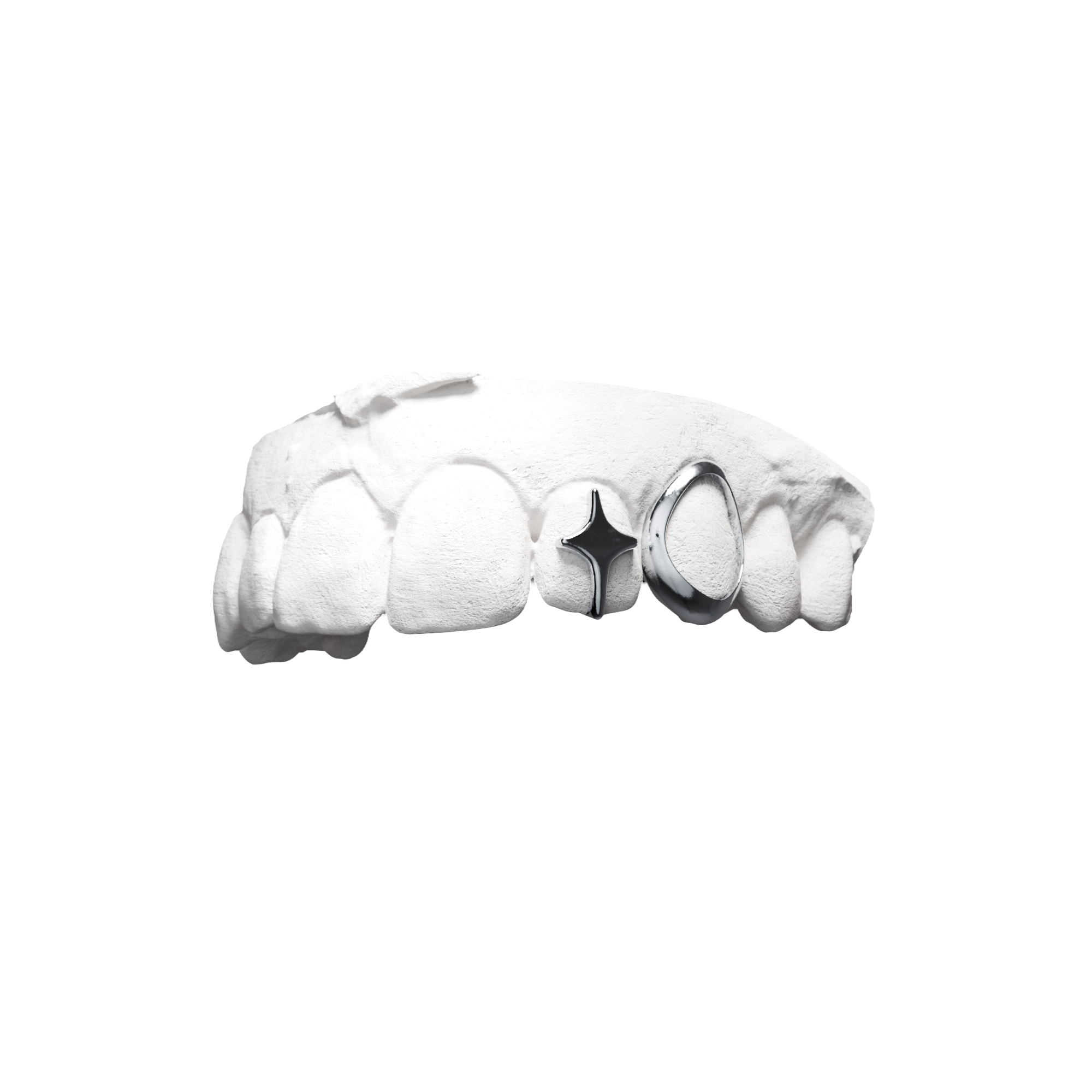 Grillz Fenêtre + Shine Star – combo fenêtre et étoile Y2K 4 branches, argent, vue 3/4