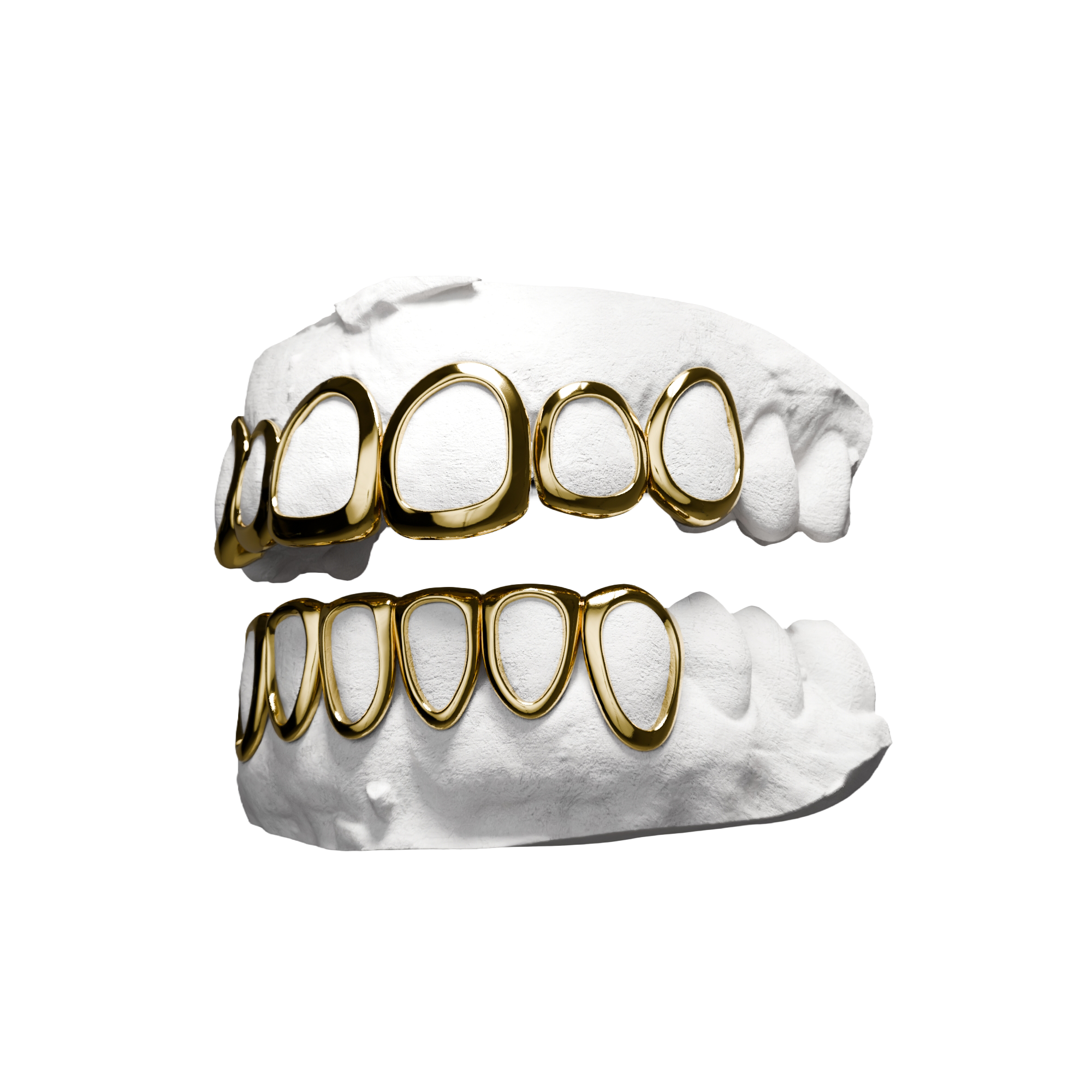 Grillz Full Fenêtres Haut et Bas – contours sur les deux arcades complètes, or, vue 3/4