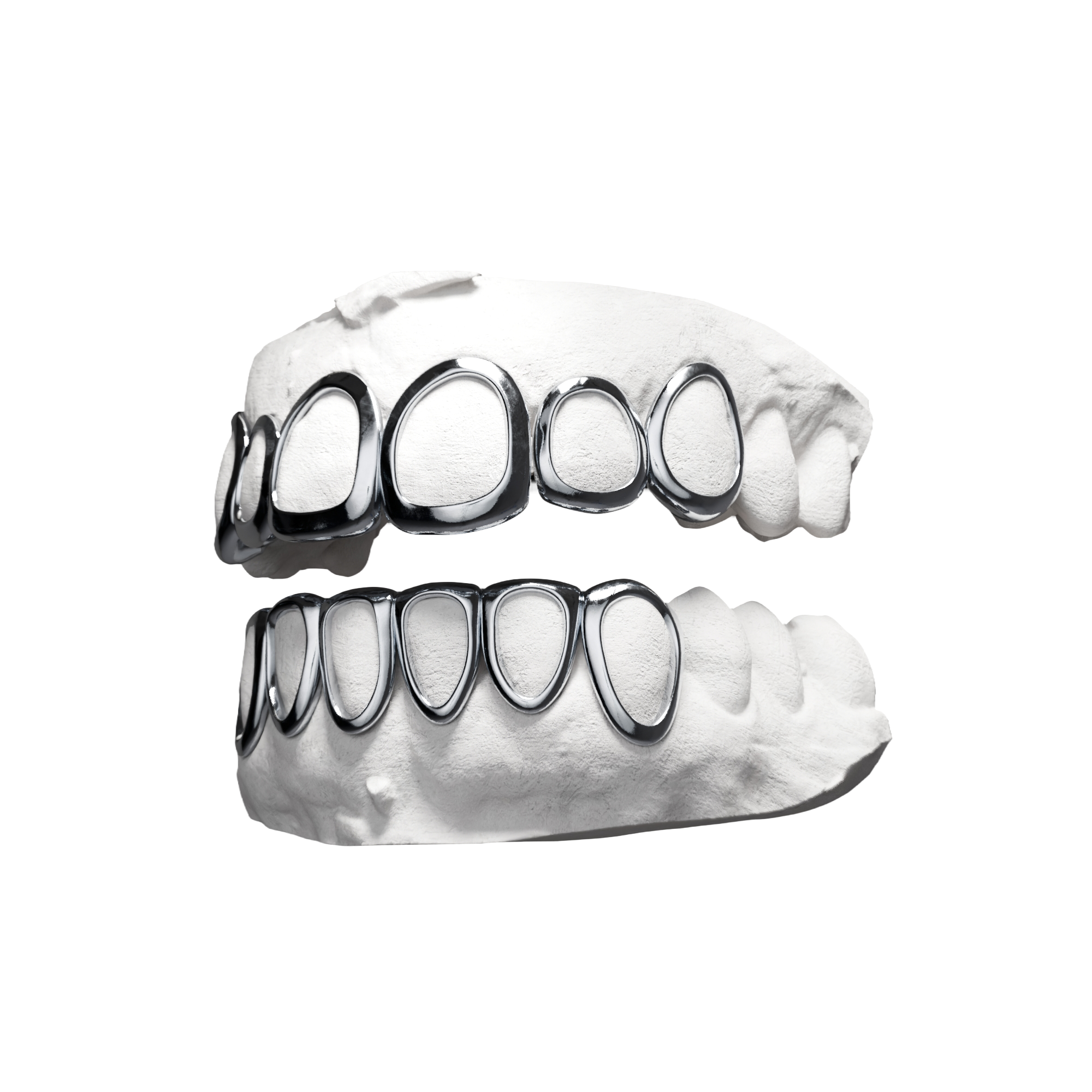 Grillz Full Fenêtres Haut et Bas – contours sur les deux arcades complètes, argent, vue 3/4