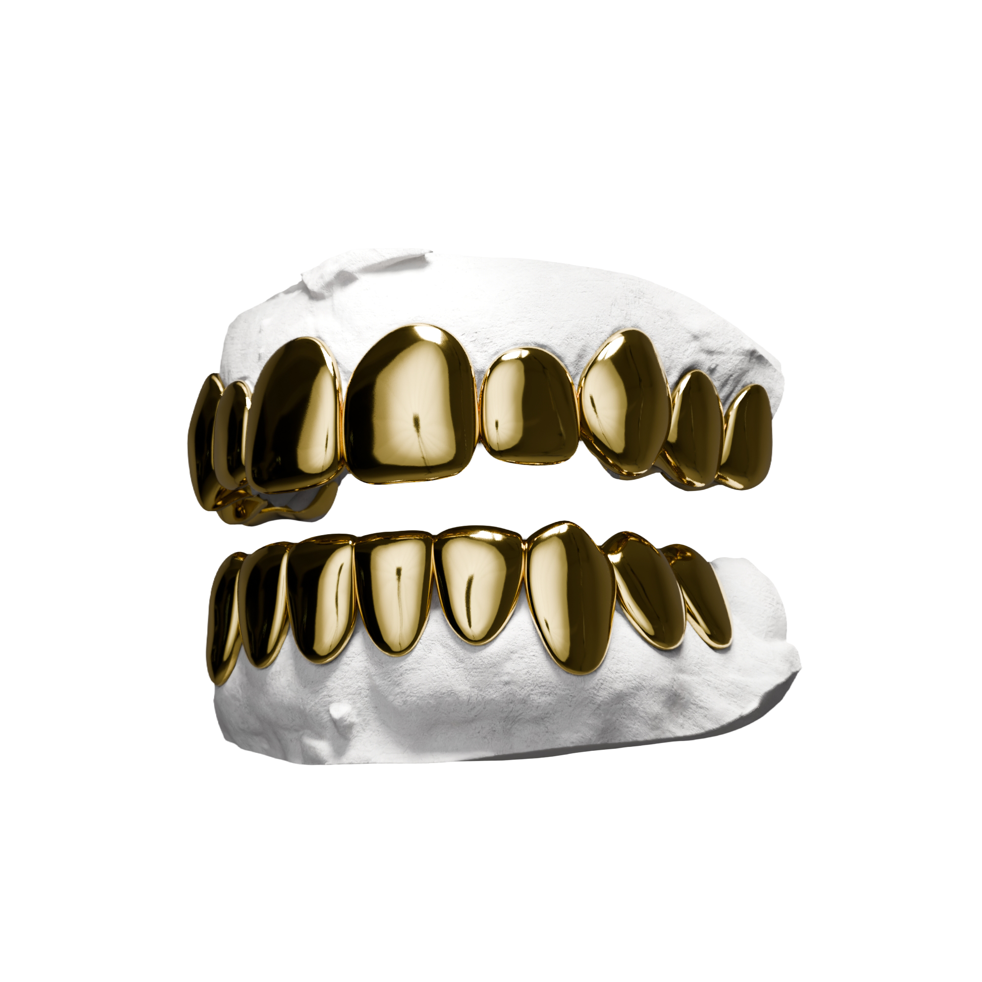 Grillz Full Pleines Haut et Bas – les deux arcades pleines en or miroir, vue 3/4