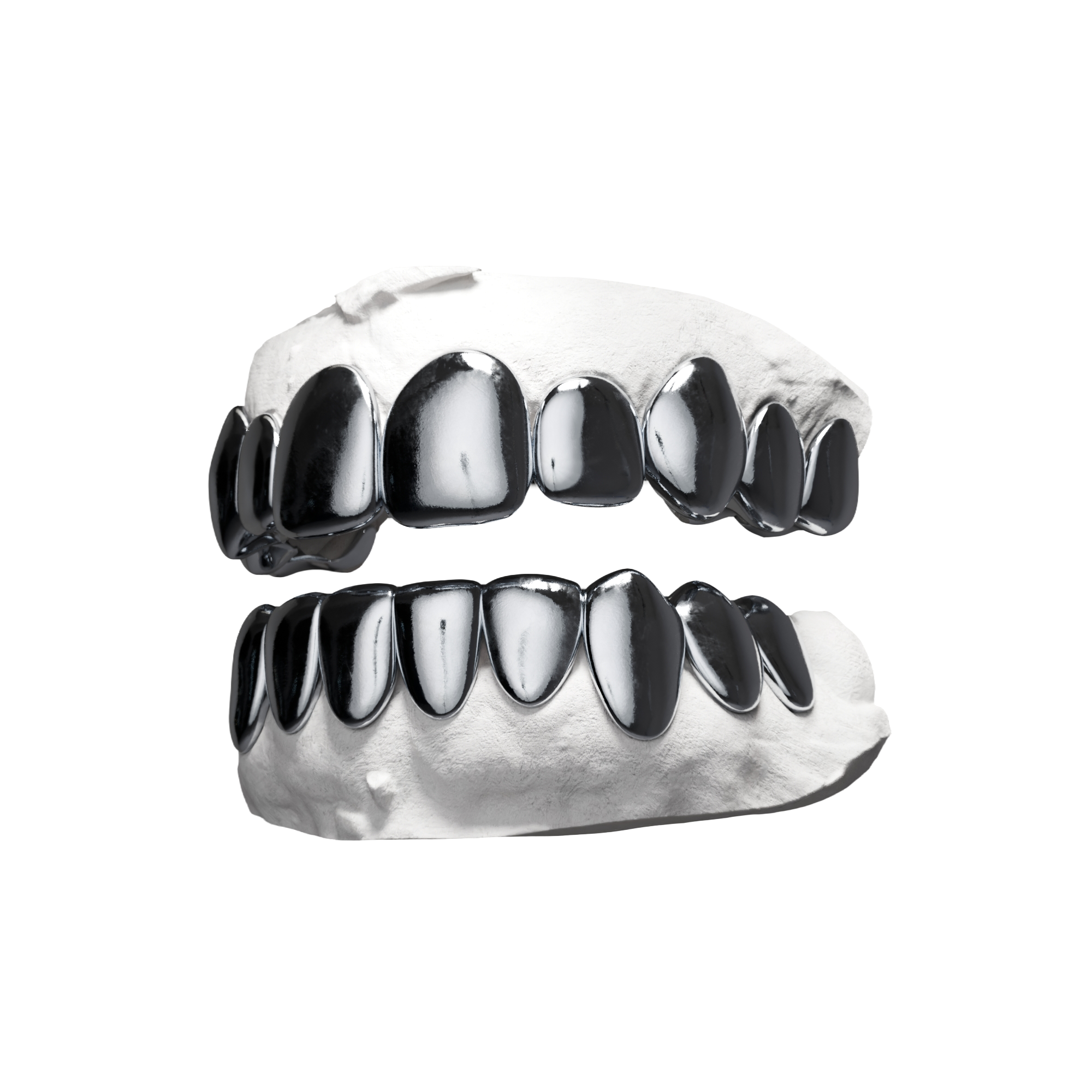 Grillz Full Pleines Haut et Bas – les deux arcades pleines en argent miroir, vue 3/4