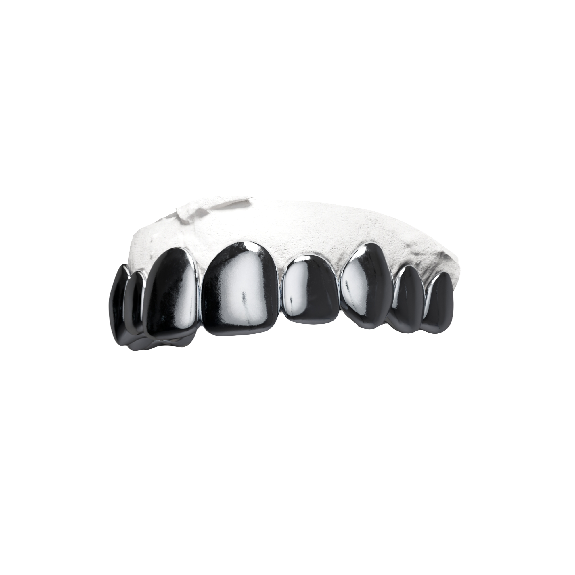 Grillz Full Pleines Haut – arcade supérieure entièrement couverte, argent miroir, vue 3/4