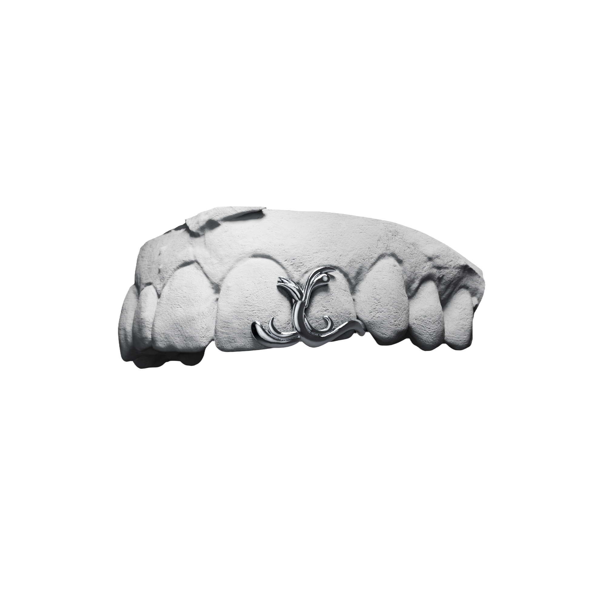 Grillz Interstice Végétal – motif feuillages et volutes entre deux dents, argent, vue 3/4
