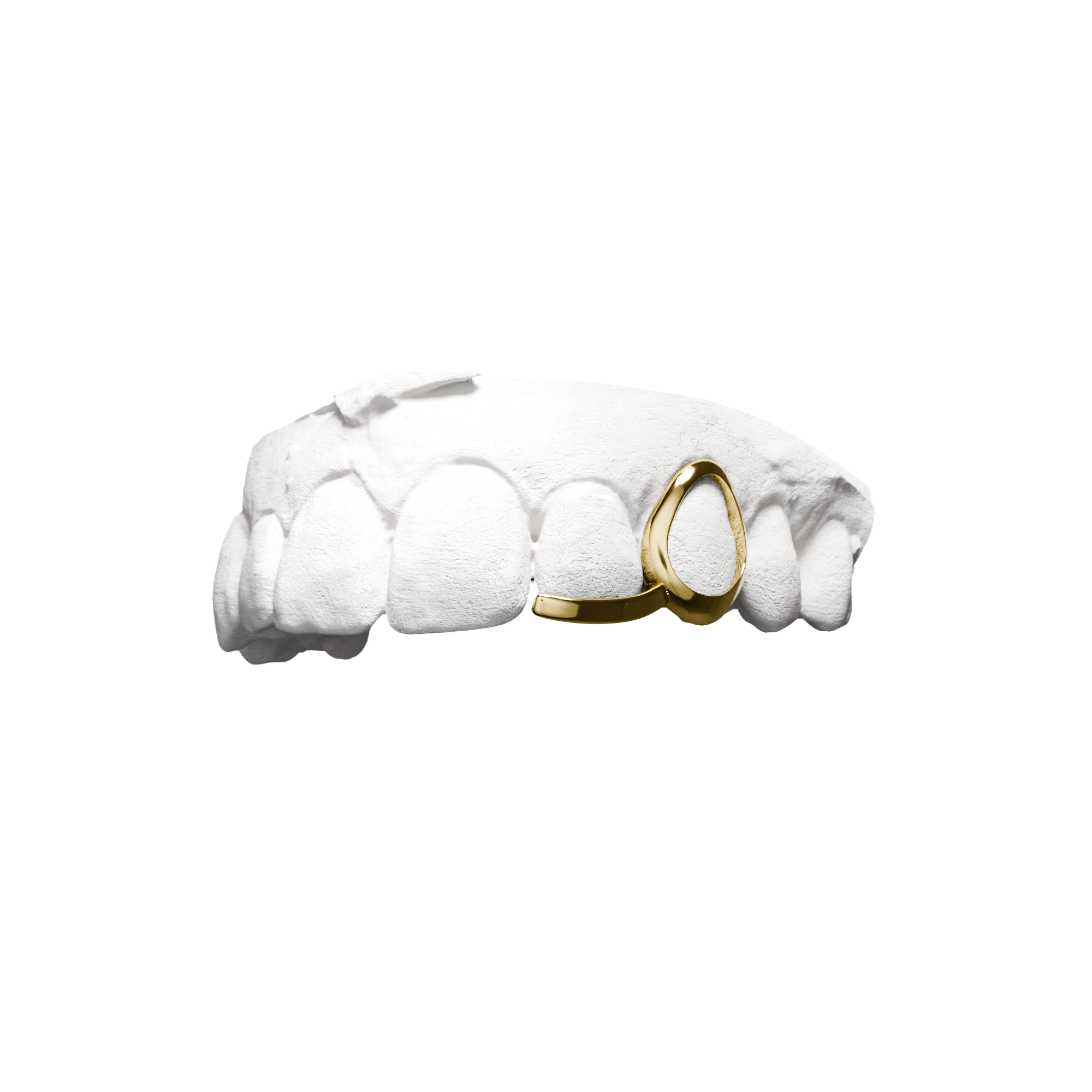Grillz Jorja – fenêtre sur canine et barre sur latérale, or, vue 3/4