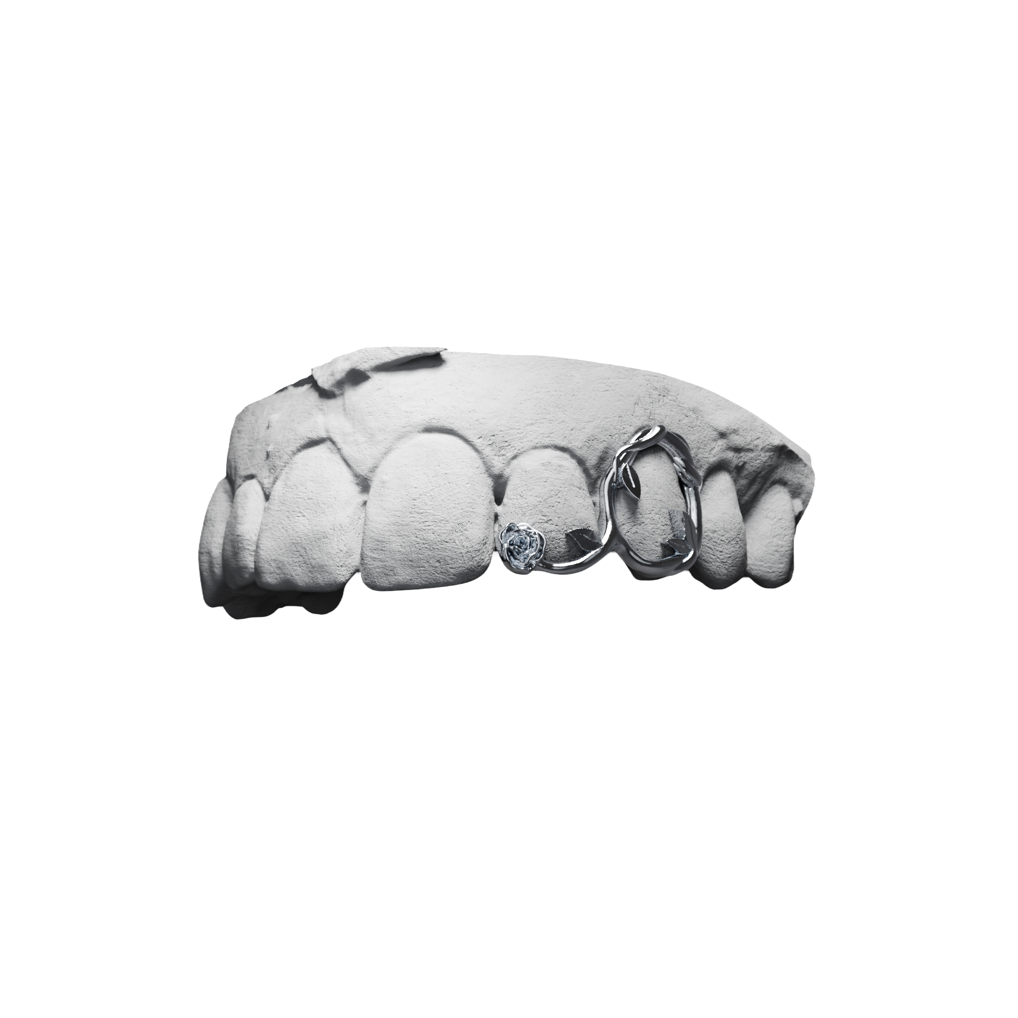 Grillz Jorja Rose Floral – fenêtre en tige avec rose ciselée sur interstice, argent, vue 3/4