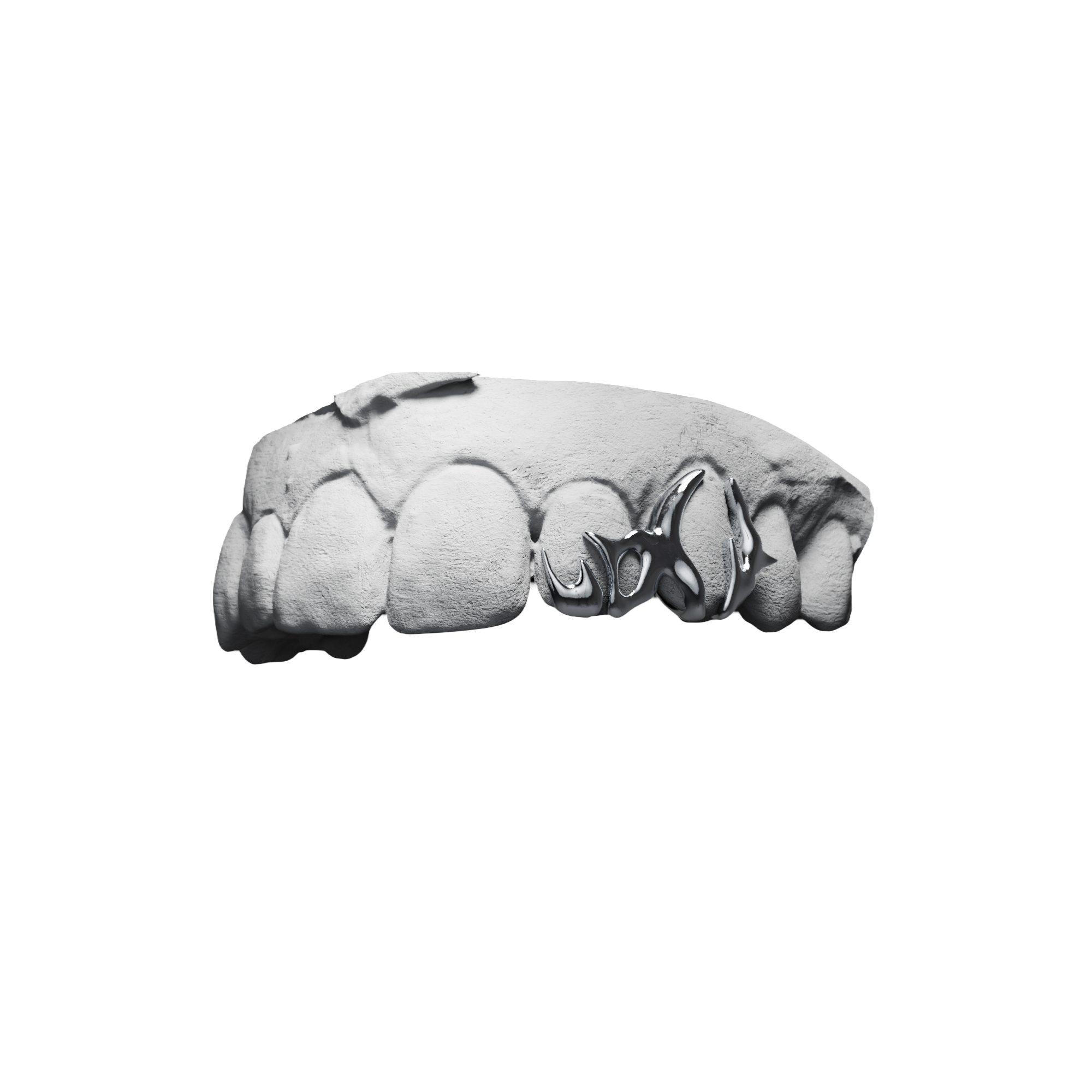 Grillz Jorja Tribal – fenêtre Jorja habillée de pointes et courbes tribales, argent, vue 3/4