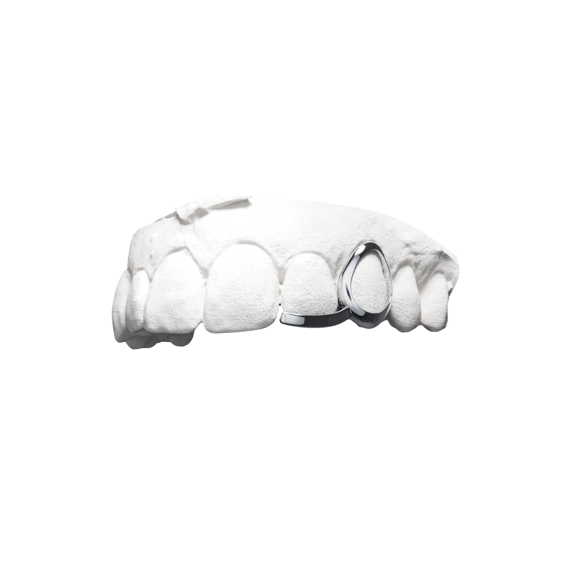 Grillz Jorja – fenêtre sur canine et barre sur latérale, argent, vue 3/4