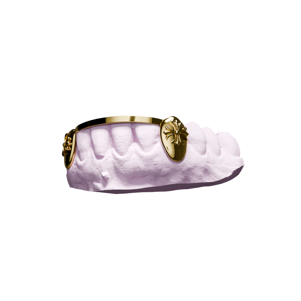 Grillz London Bridge Croix Chrome – deux pleines canines avec croix, or, vue 3/4