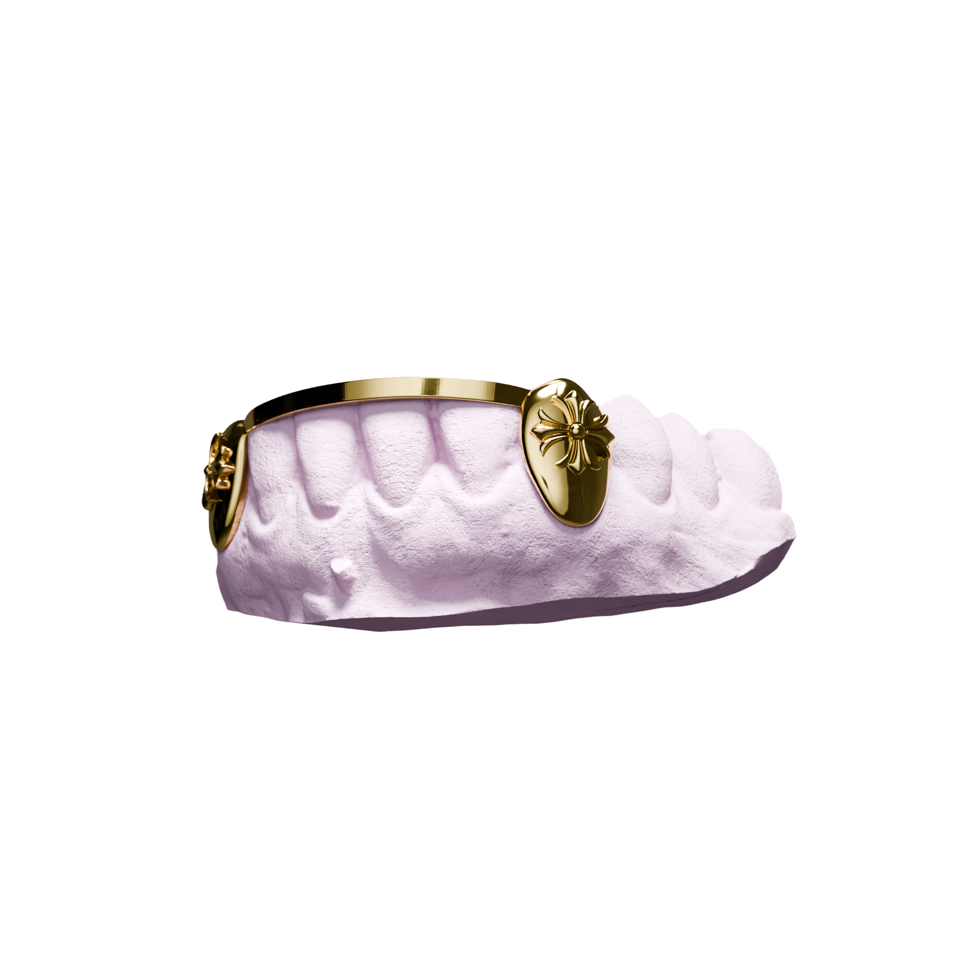 Grillz London Bridge Croix Chrome – deux pleines canines avec croix, or, vue 3/4