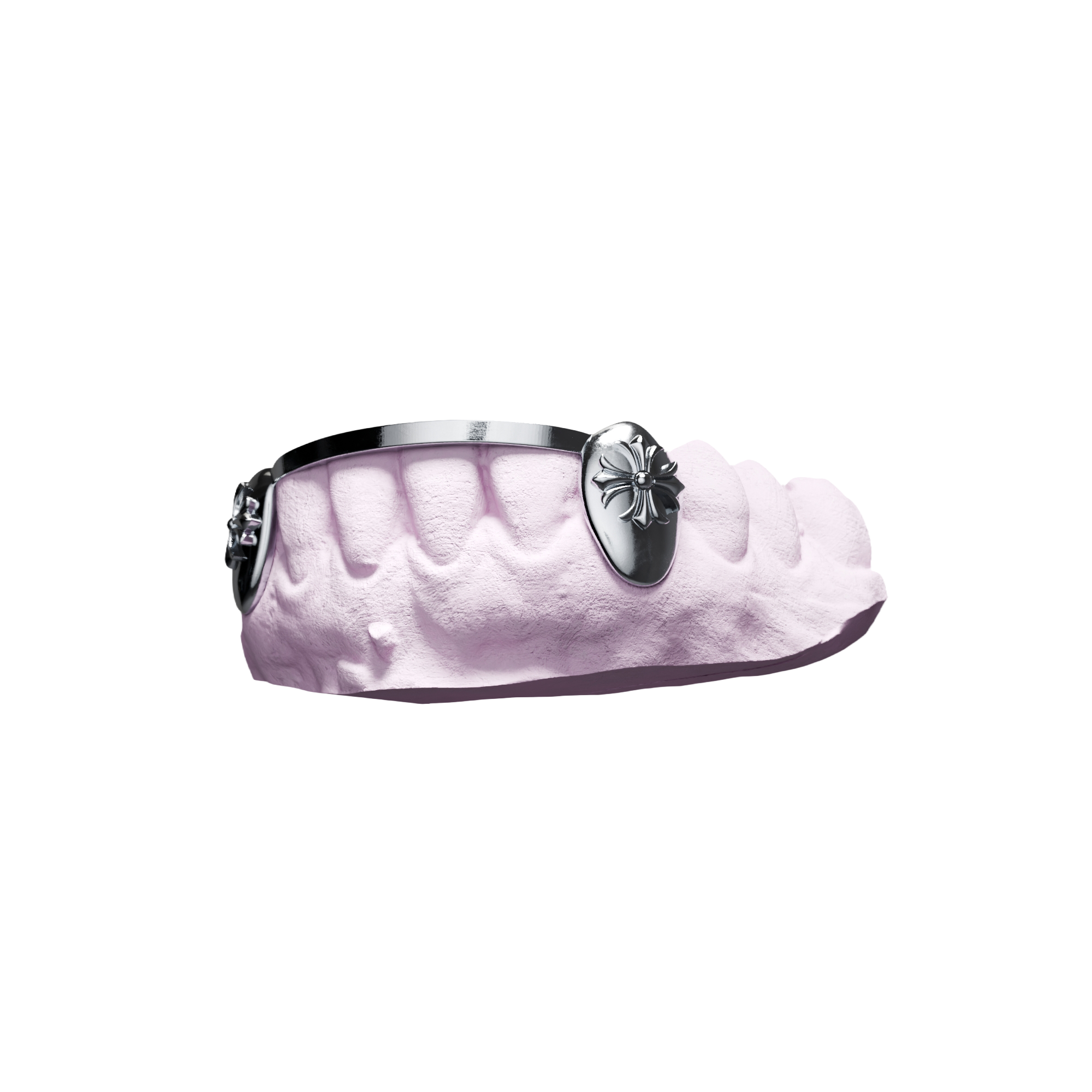 Grillz London Bridge Croix Chrome – deux pleines canines avec croix, argent, vue 3/4