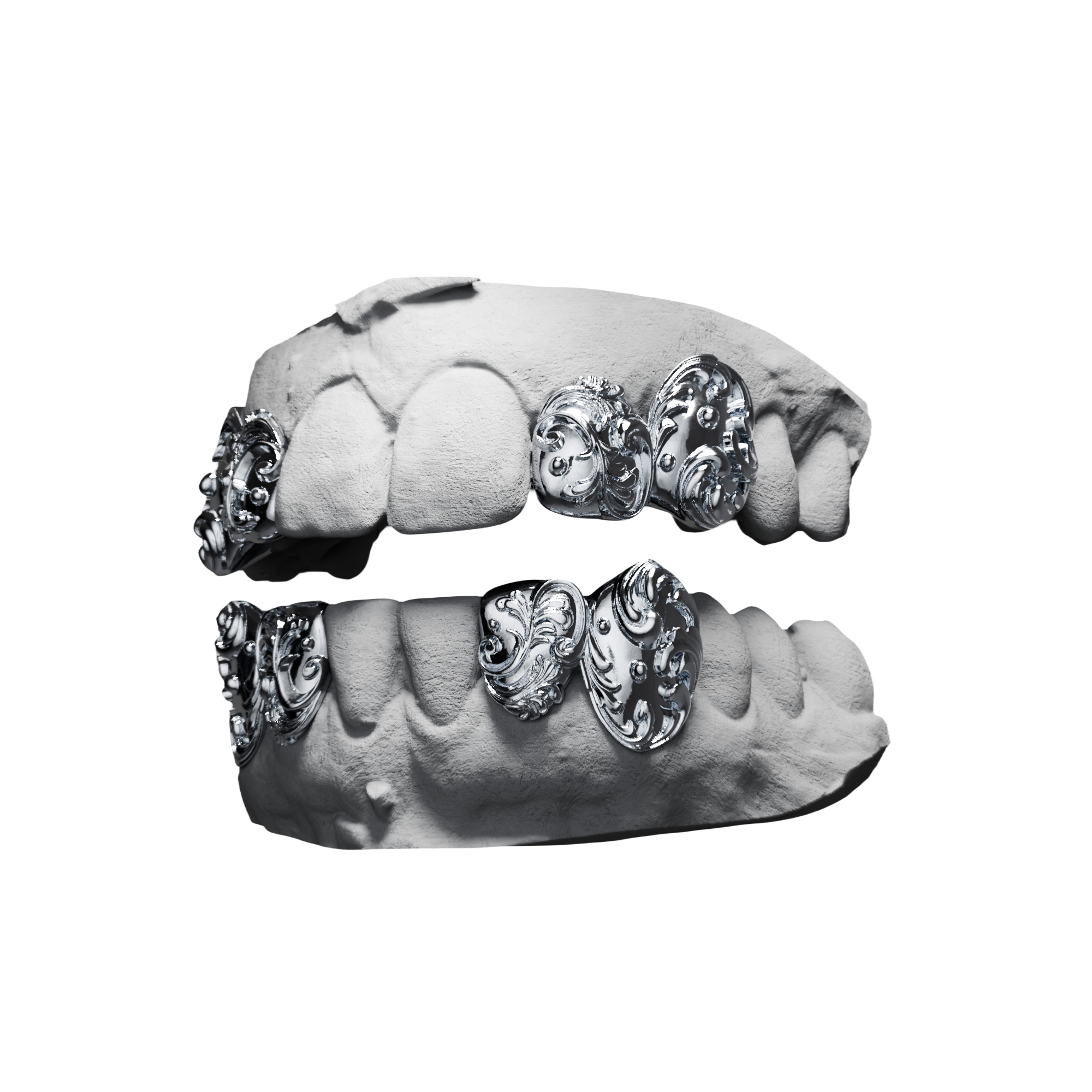 Grillz Ornements Baroque – volutes baroques ciselées sur plusieurs dents, argent, vue 3/4