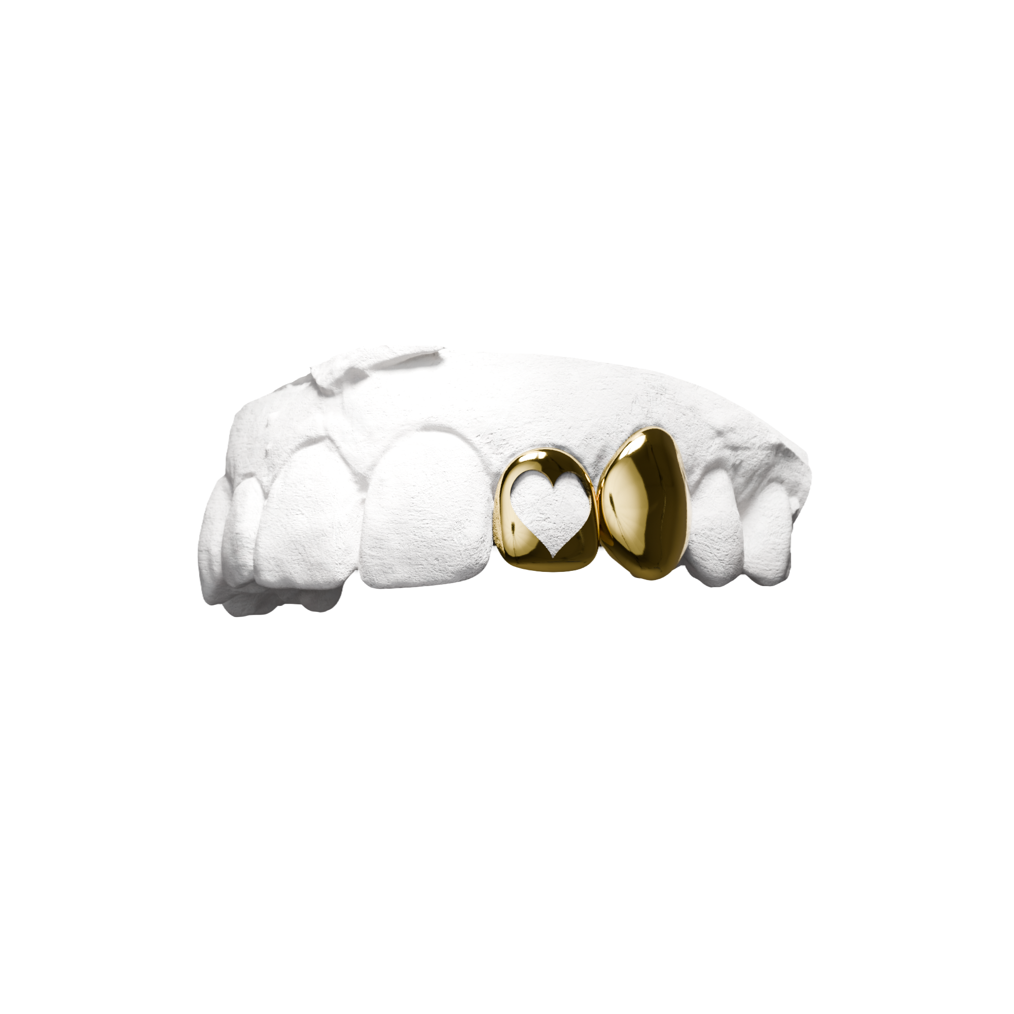 Grillz Pleine + Fenêtre Cœur – combo 2 dents avec cœur découpé sur latérale, or, vue 3/4