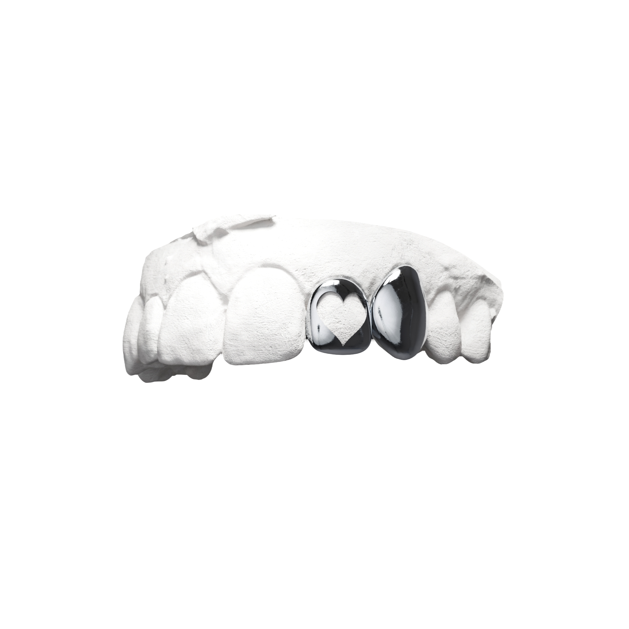 Grillz Pleine + Fenêtre Cœur – combo 2 dents avec cœur découpé sur latérale, argent, vue 3/4