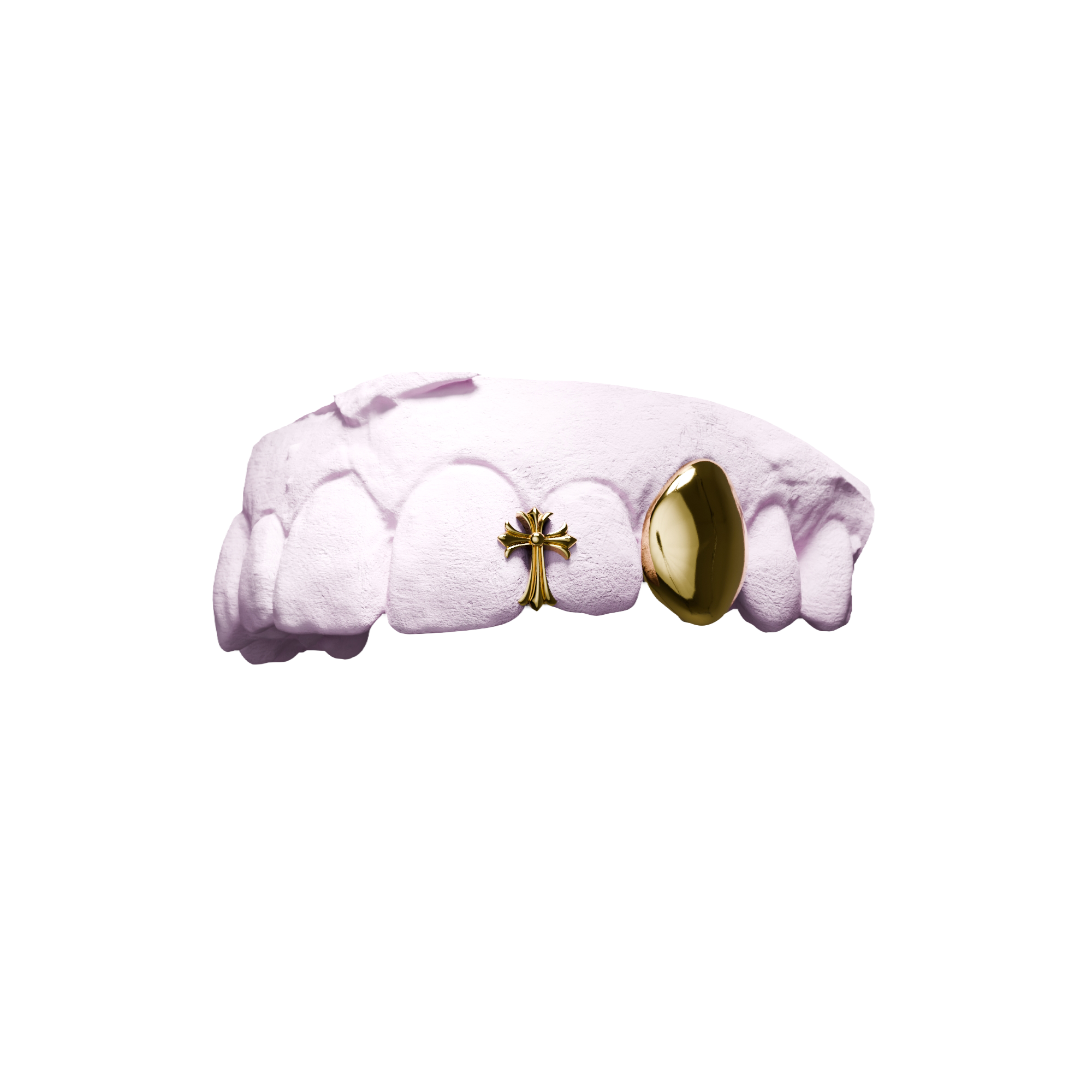 Grillz Pleine + Inter Croix Chrome – canine pleine et croix en interstice, or, vue 3/4