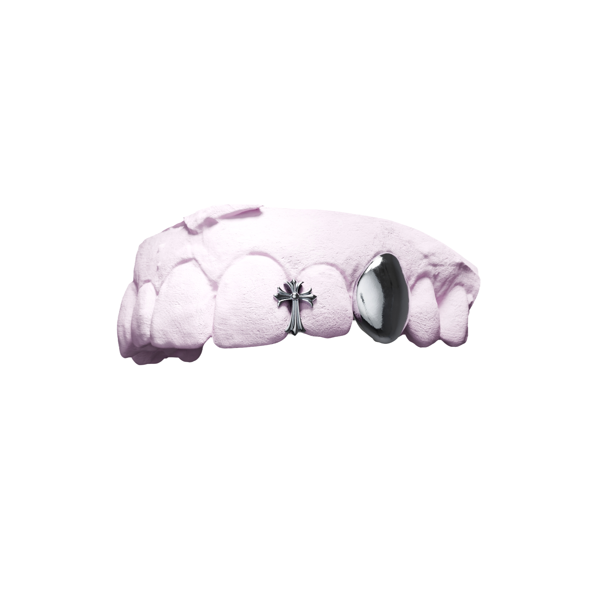 Grillz Pleine + Inter Croix Chrome – canine pleine et croix en interstice, argent, vue 3/4