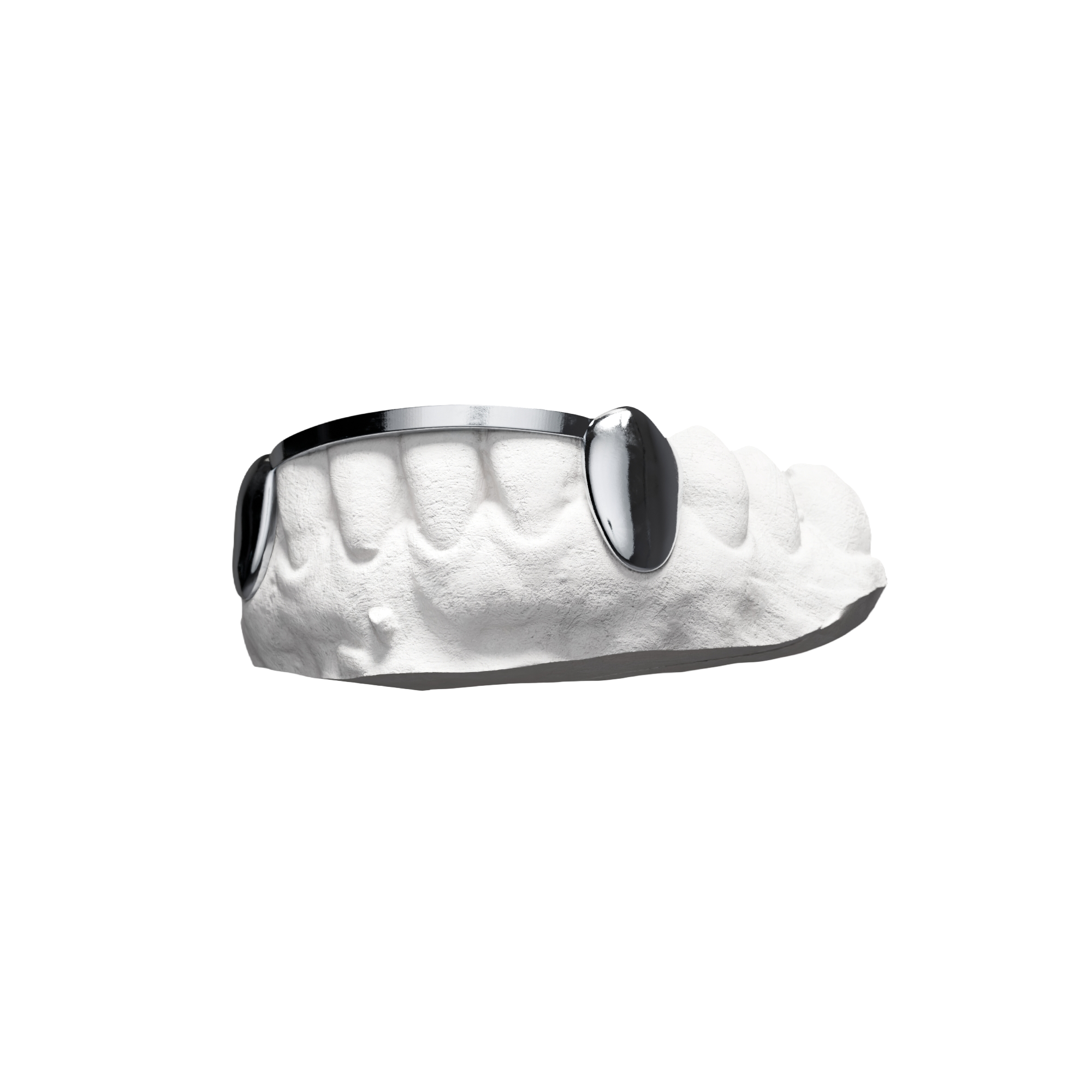 Grillz Solid London Bridge – deux pleines canines reliées par une barre, argent, vue 3/4