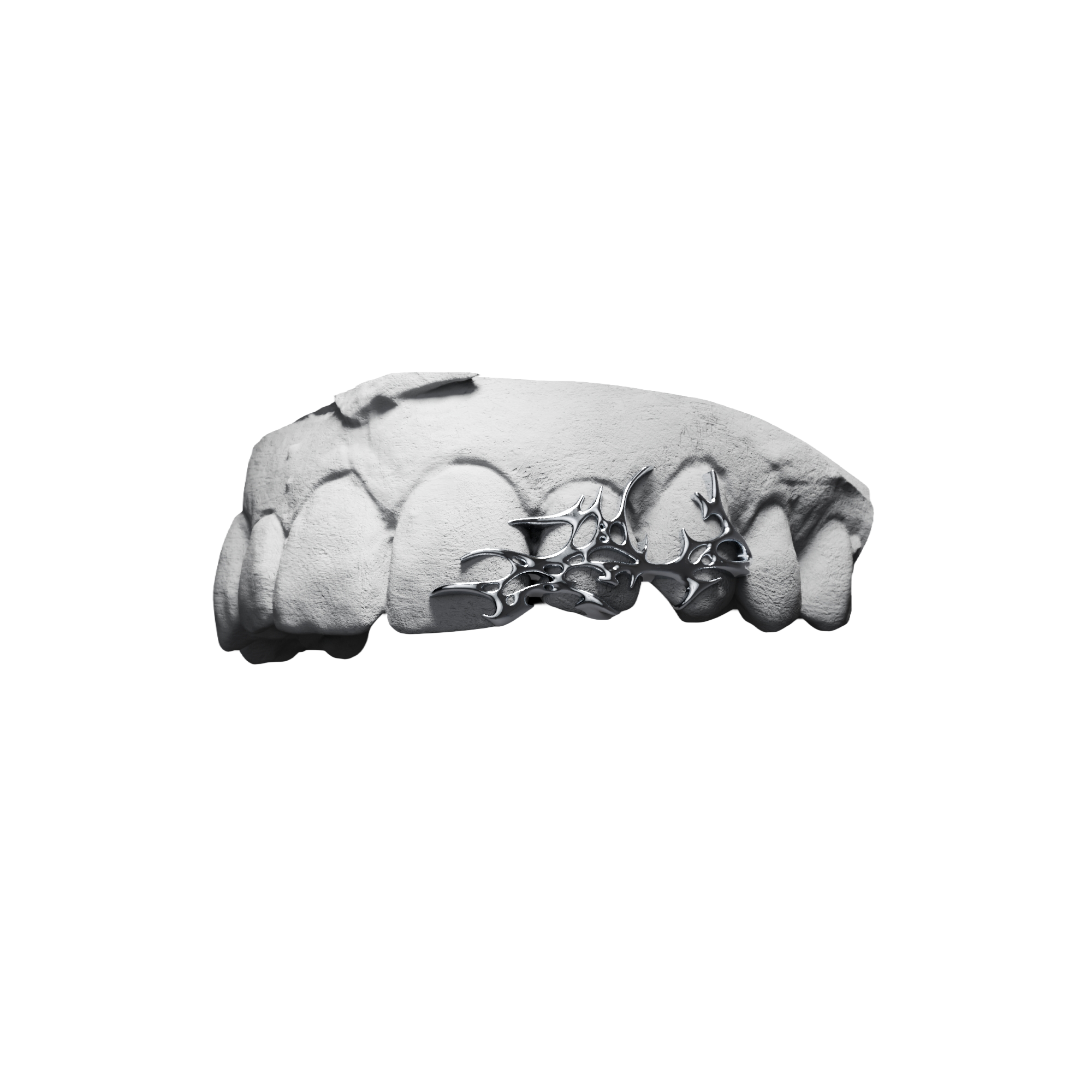 Grillz Tribal Fusion – motif tribal en réseau ajouré sur plusieurs dents, argent, vue 3/4