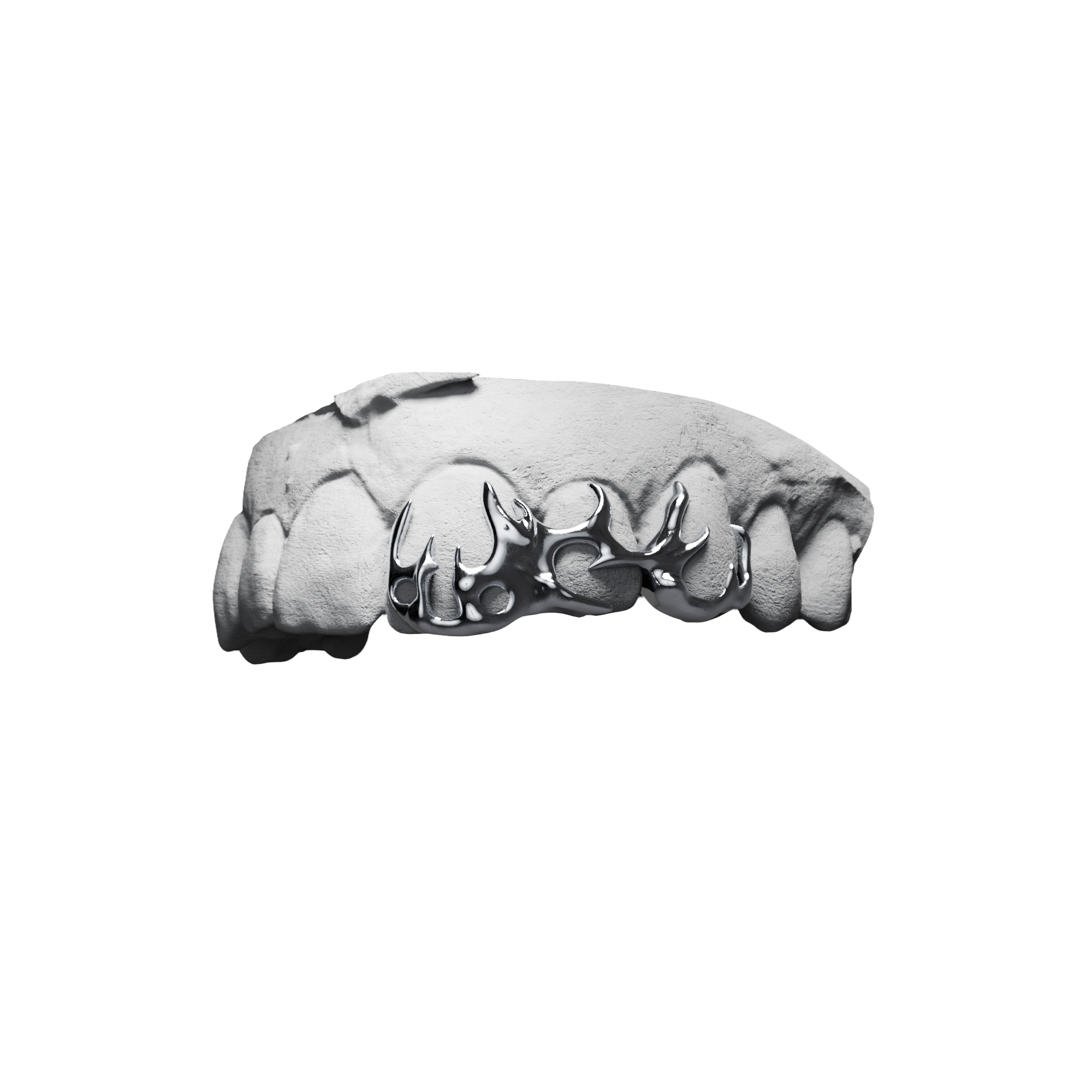 Grillz Tribal Organique – trois dents en motif tribal organique, argent, vue 3/4