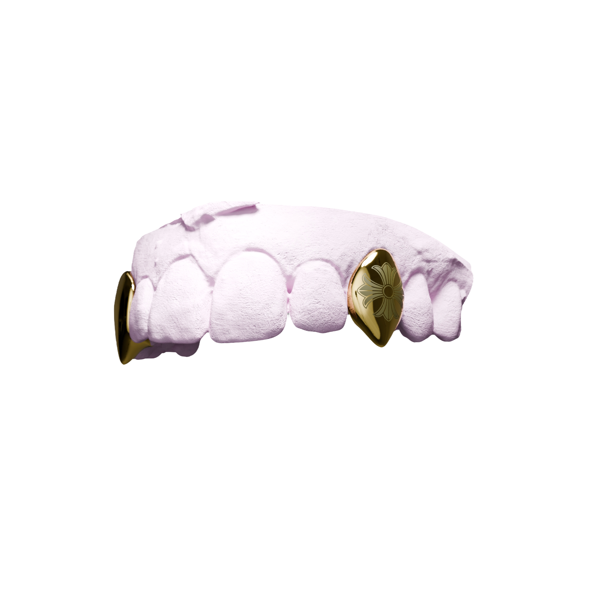 Grillz Vampires Gravure Croix Chrome – canines pointues gravées croix, or, vue 3/4