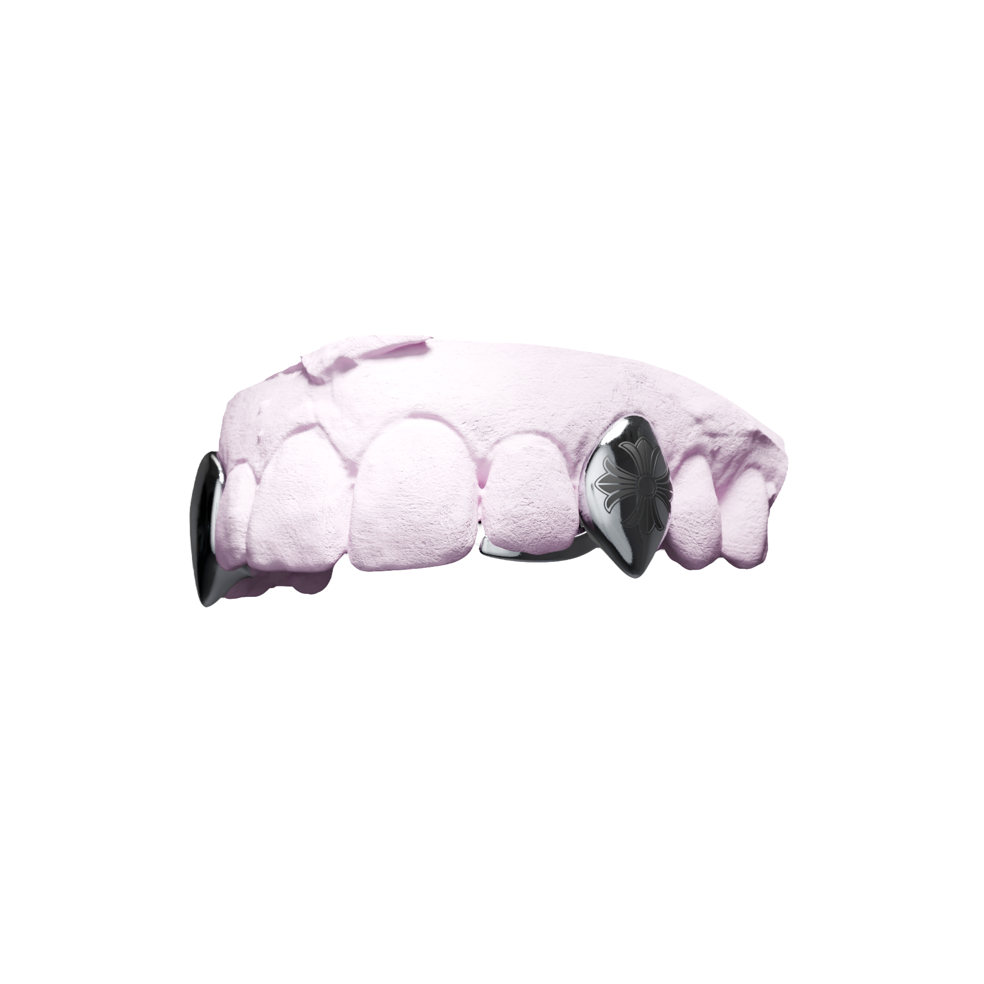 Grillz Vampires Gravure Croix Chrome – canines pointues gravées croix, argent, vue 3/4