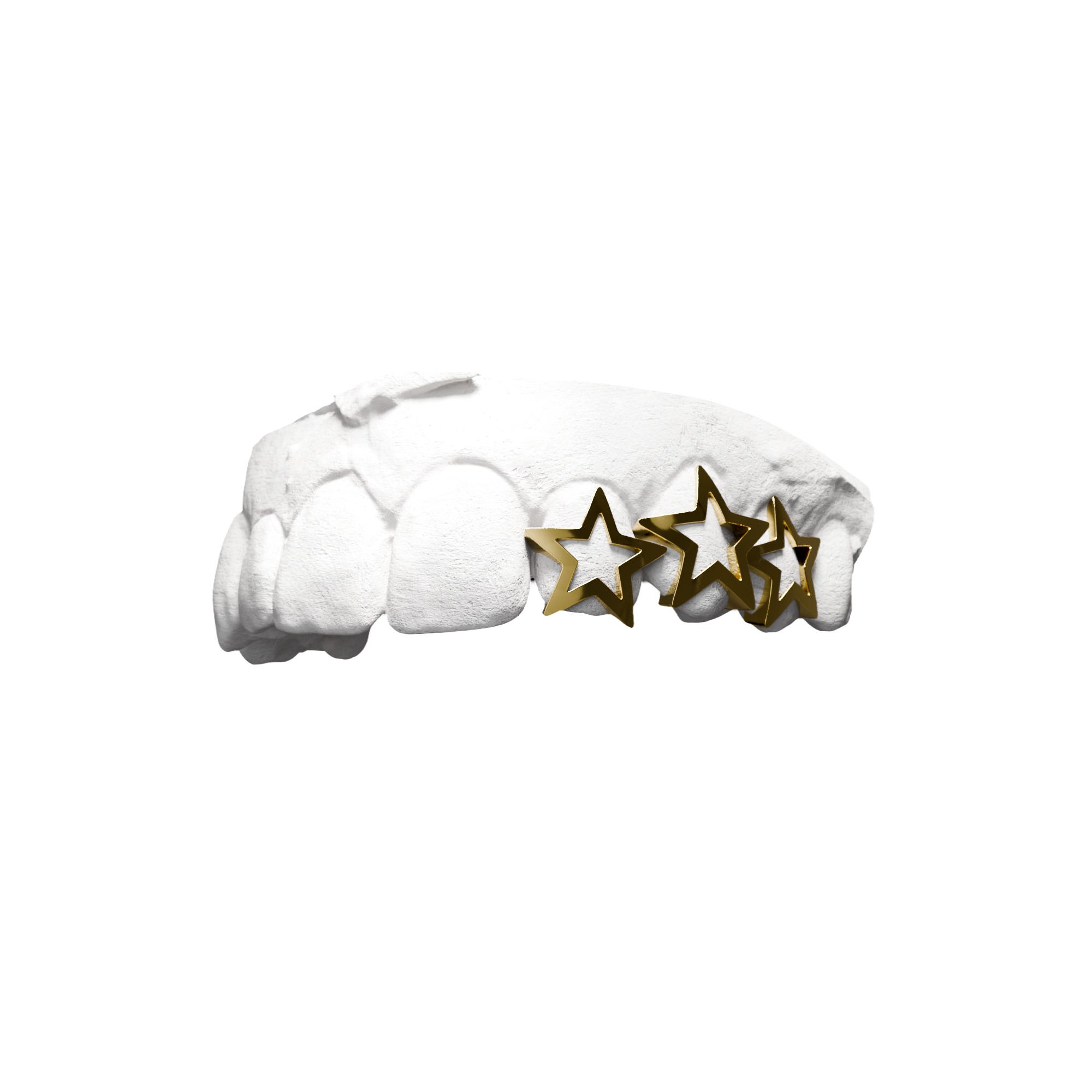 Grillz X3 Étoiles – trois étoiles alignées sur trois dents, or, vue 3/4