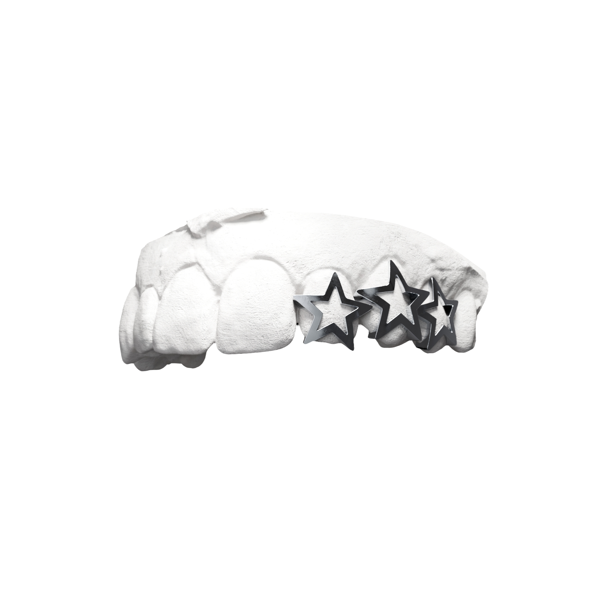 Grillz X3 Étoiles – trois étoiles alignées sur trois dents, argent, vue 3/4