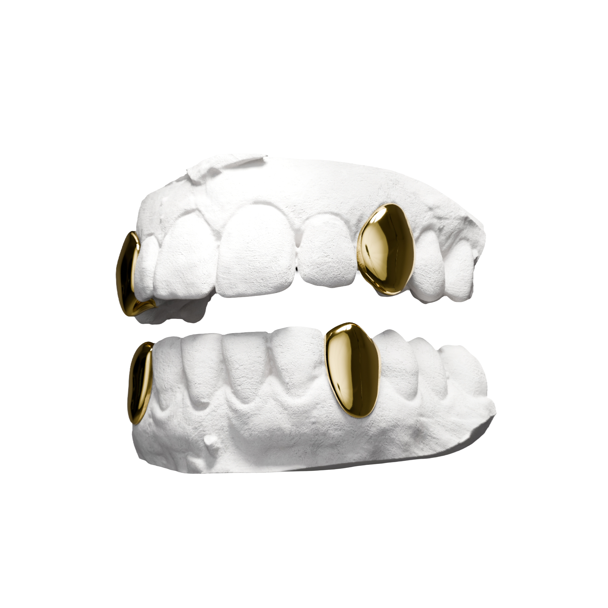 Grillz X4 Canines – quatre dents pleines symétriques haut et bas, or, vue 3/4