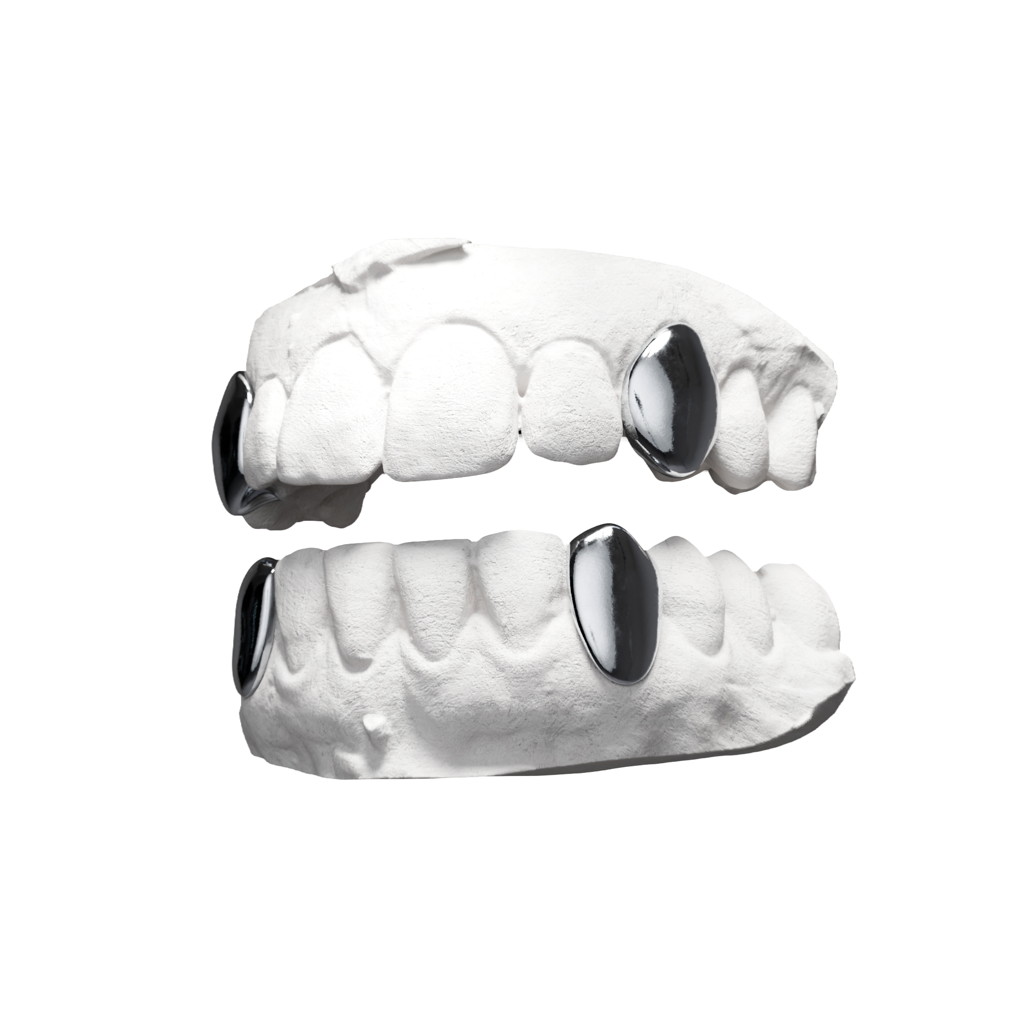 Grillz X4 Canines – quatre dents pleines symétriques haut et bas, argent, vue 3/4